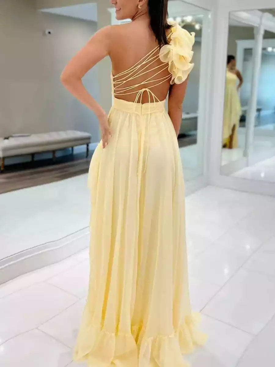 Stunning A-line chiffon asymmetrical shoulder collar with sleeveless ruffle edge, slit tie back Prom Dresses