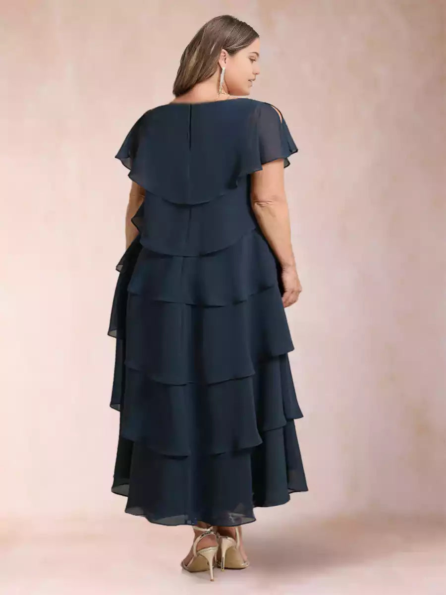 Stunning A-line/princess round neck short sleeved plus size ruffled Mother of the Bride Dresses