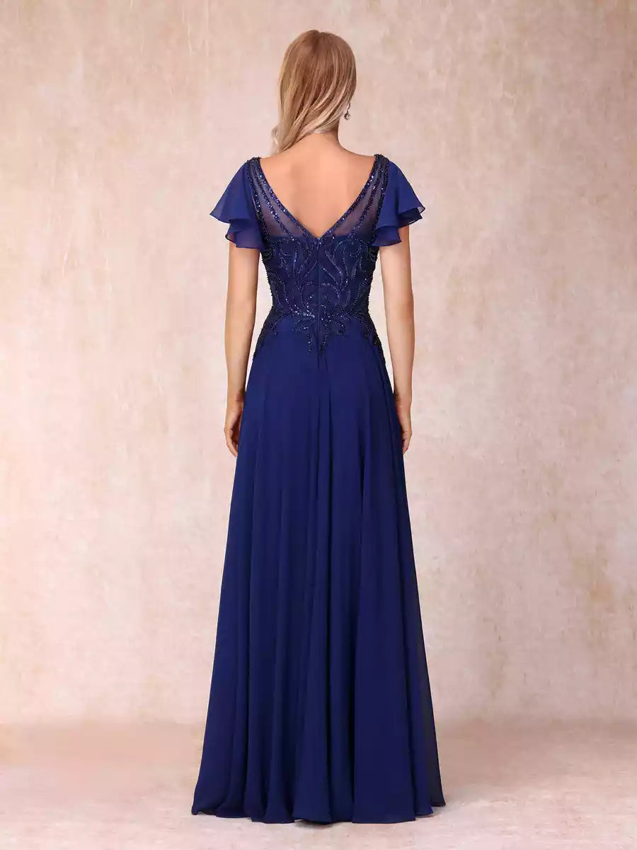 Stunning A-line/princess style V-neck short sleeved long formal beaded and sequined Mother of the Bride Dresses