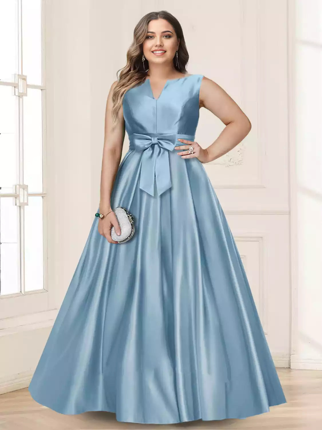 Stunning A-line/princess style V-neck sleeveless plus size bow Mother of the Bride Dresses