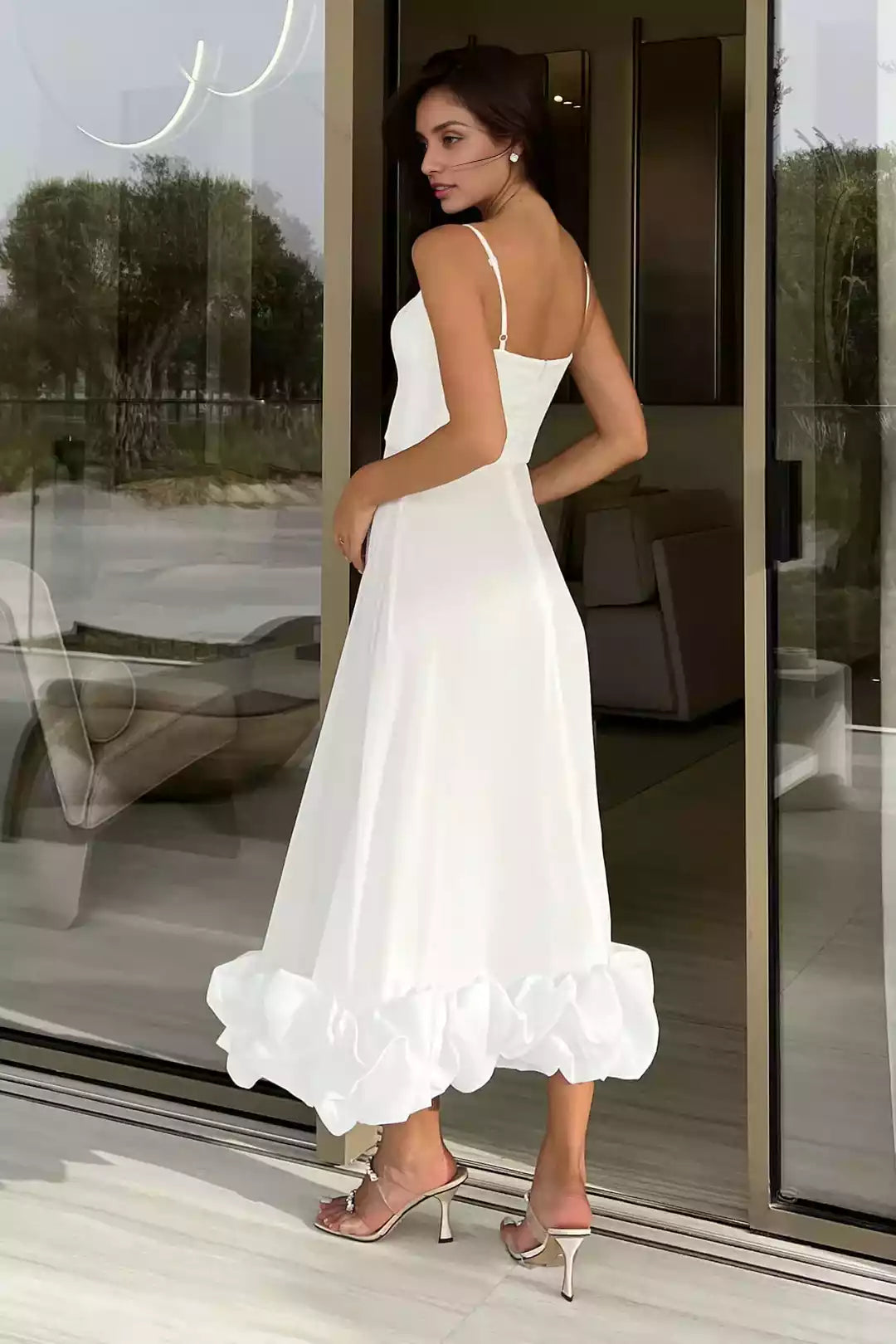 Stunning A-line satin thin shoulder strap with ruffled edges and pleated lace back Prom Dresses