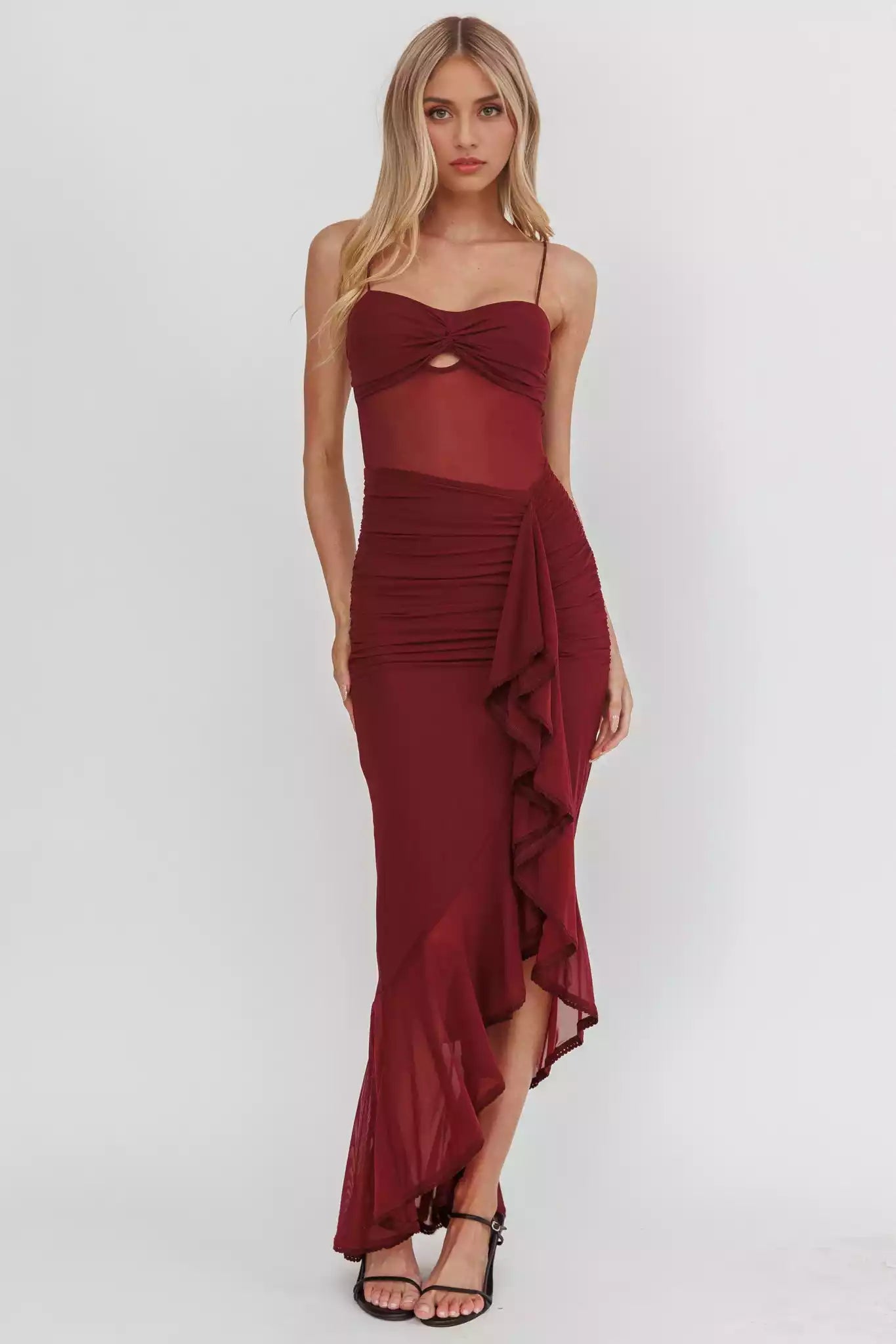 Stunning adjustable shoulder straps with pleated details, layered ruffle edges and zippered back Prom Dresses