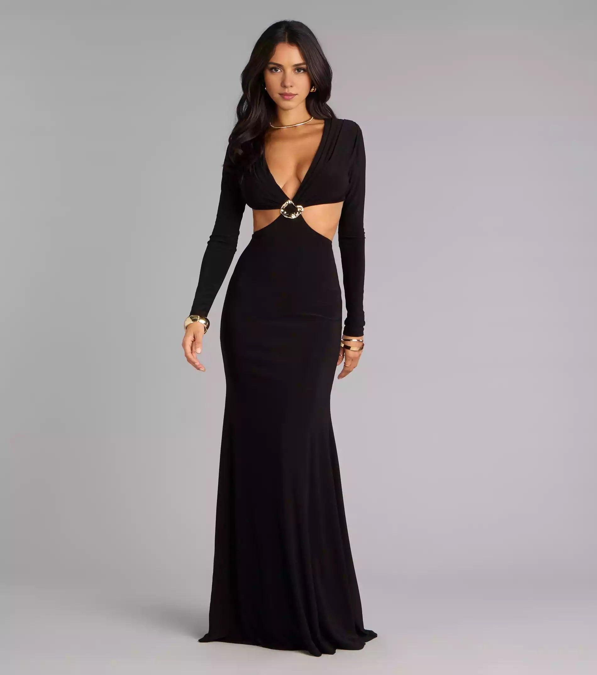 Stunning appearance of smooth knitted deep V-neck slim fit long sleeved hollowed out mermaid and floor Prom Dresses