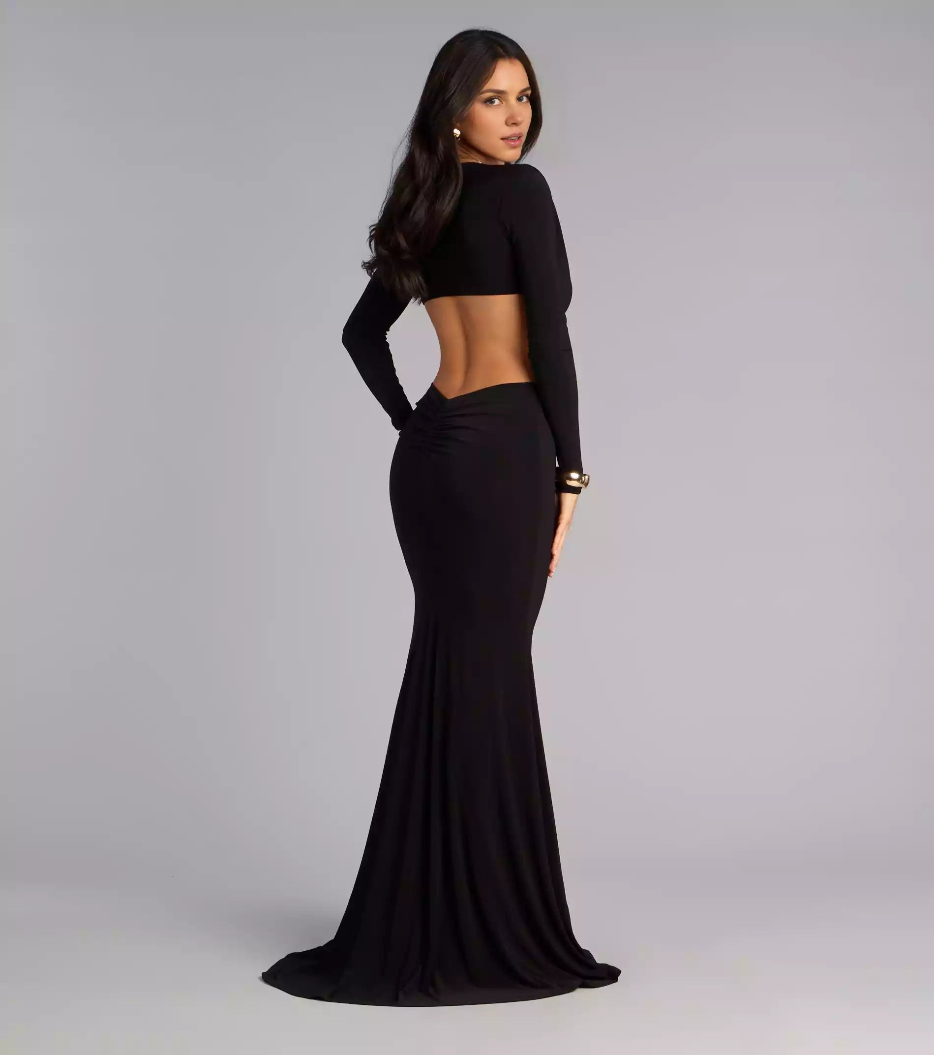 Stunning appearance of smooth knitted deep V-neck slim fit long sleeved hollowed out mermaid and floor Prom Dresses