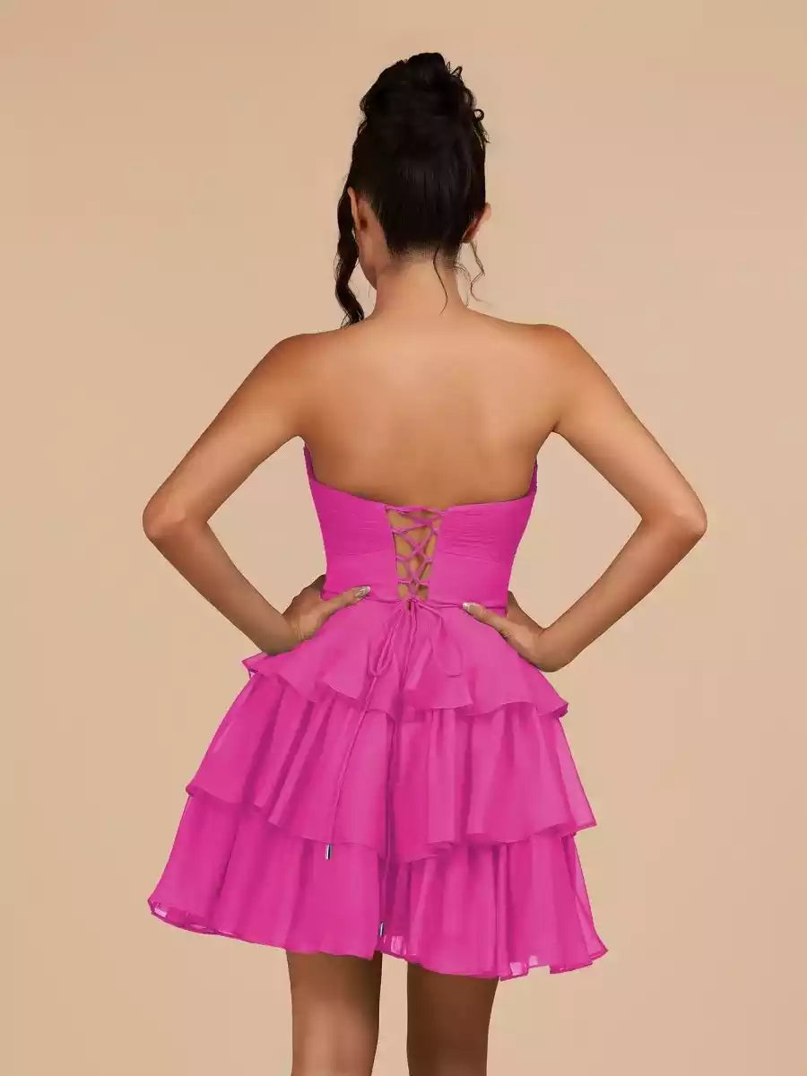 Stunning chiffon A-line silhouette, slim fit with ruffled floral accents, strapless lace up back, Homecoming Dresses