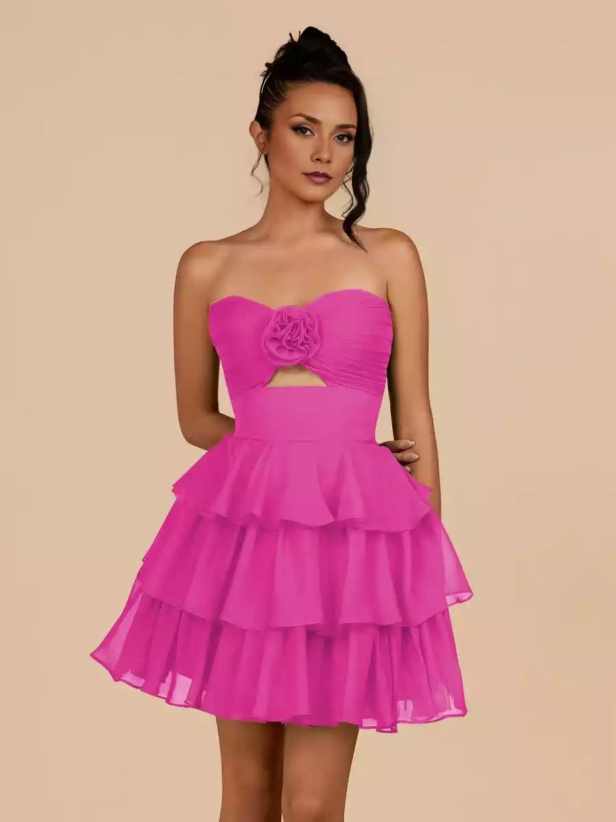 Stunning chiffon A-line silhouette, slim fit with ruffled floral accents, strapless lace up back, Homecoming Dresses