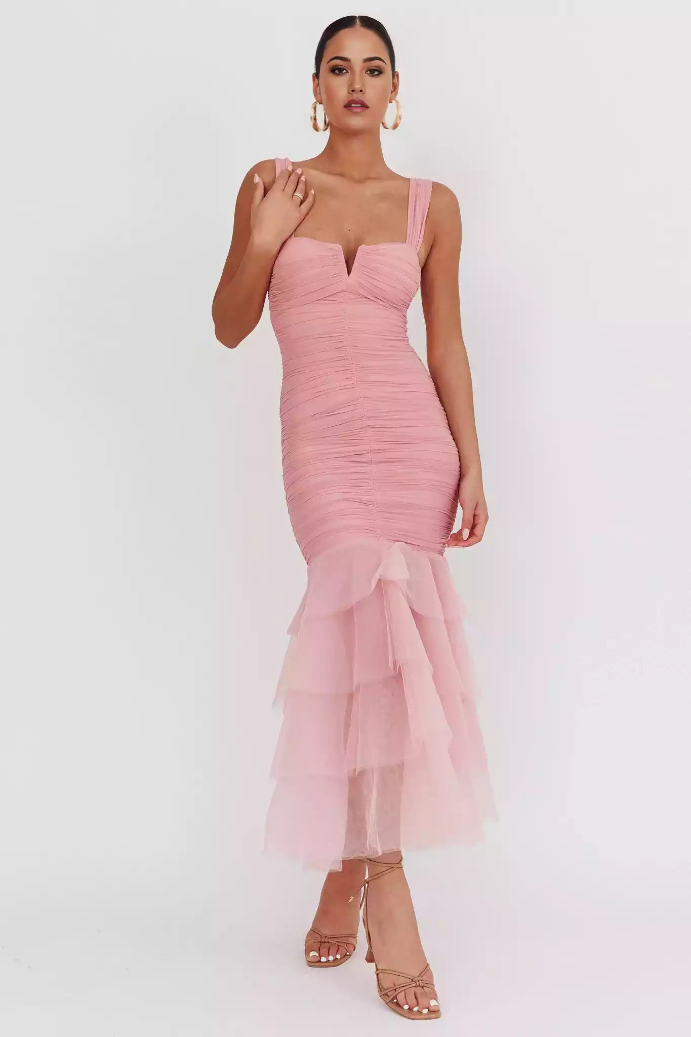 Stunning fish tail design with pleated embellishments, sheer mermaid hem, invisible back zipper Prom Dresses