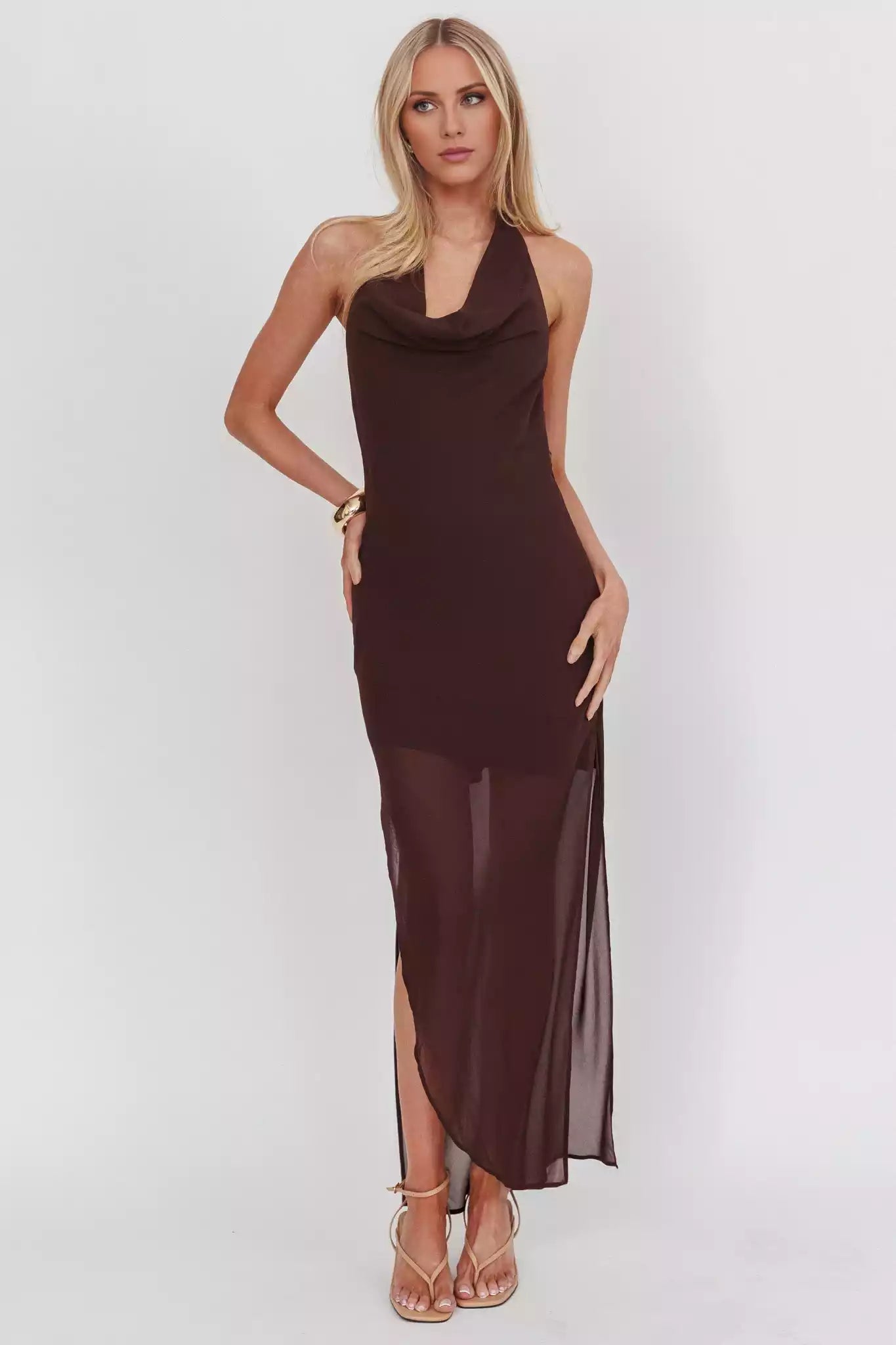 Stunning interior scarf with side slit neckline, backless straps, zipper on the side Prom Dresses
