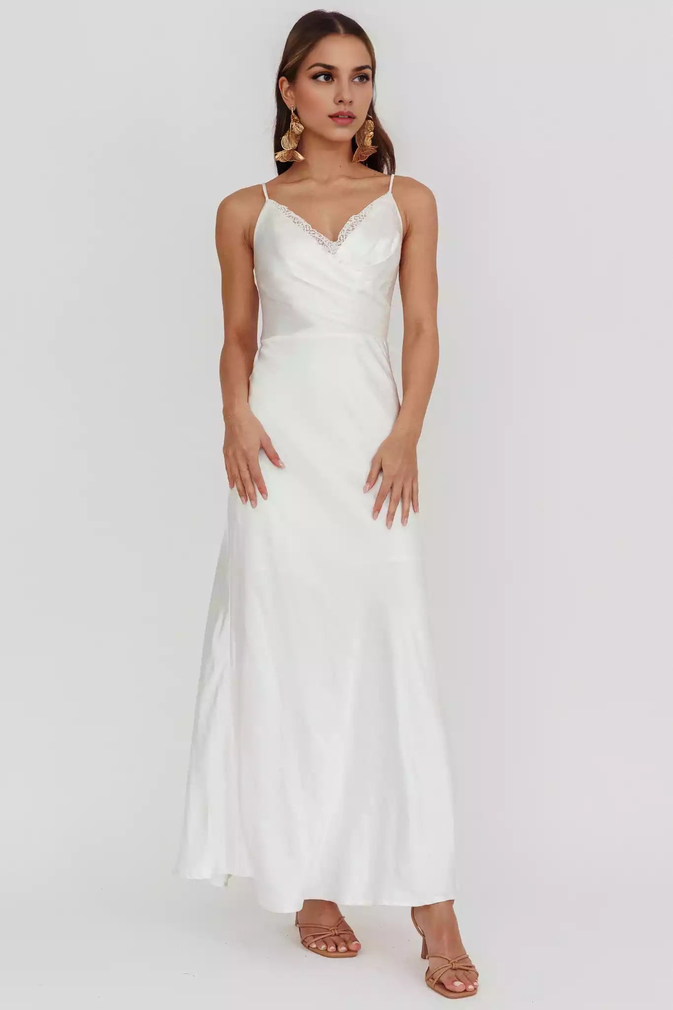 Stunning lace edge collar with lining, sloping neckline and zipper at the back Prom Dresses