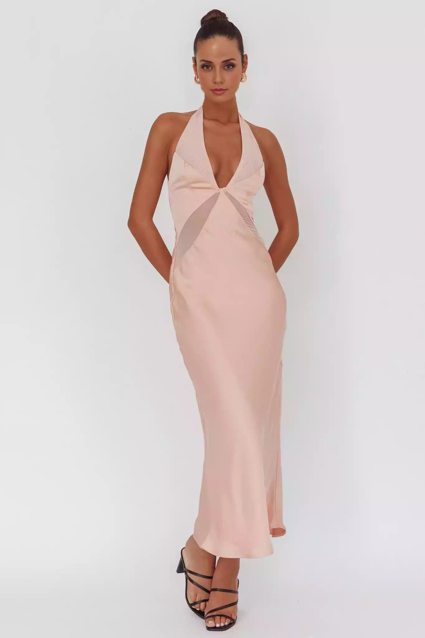 Stunning lining, backless hanging neck, button closure, zippered back, Prom Dresses