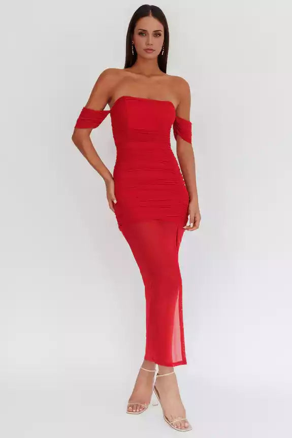 Stunning lining mesh covering off shoulder tight corset with pleated details, front slit and back zipper Prom Dresses