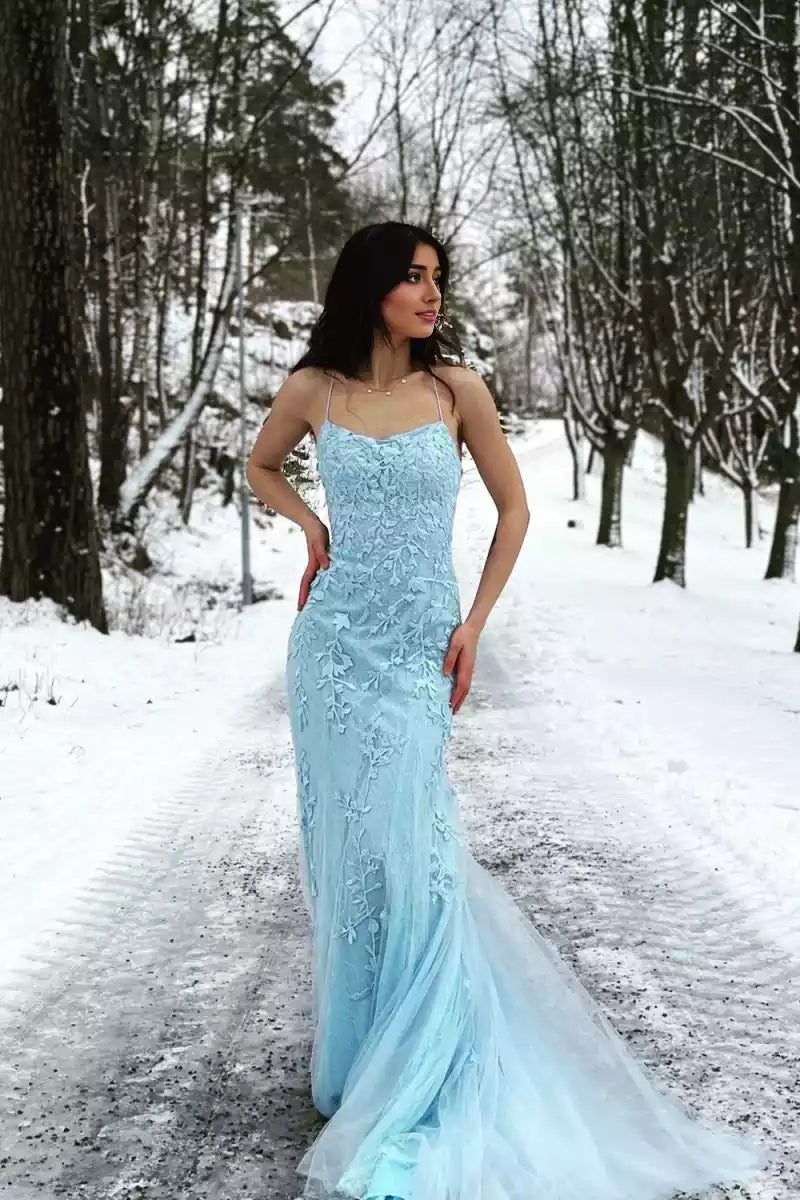 Stunning mermaid lace applique thin shoulder strap sleeveless cross tie back Prom Dresses