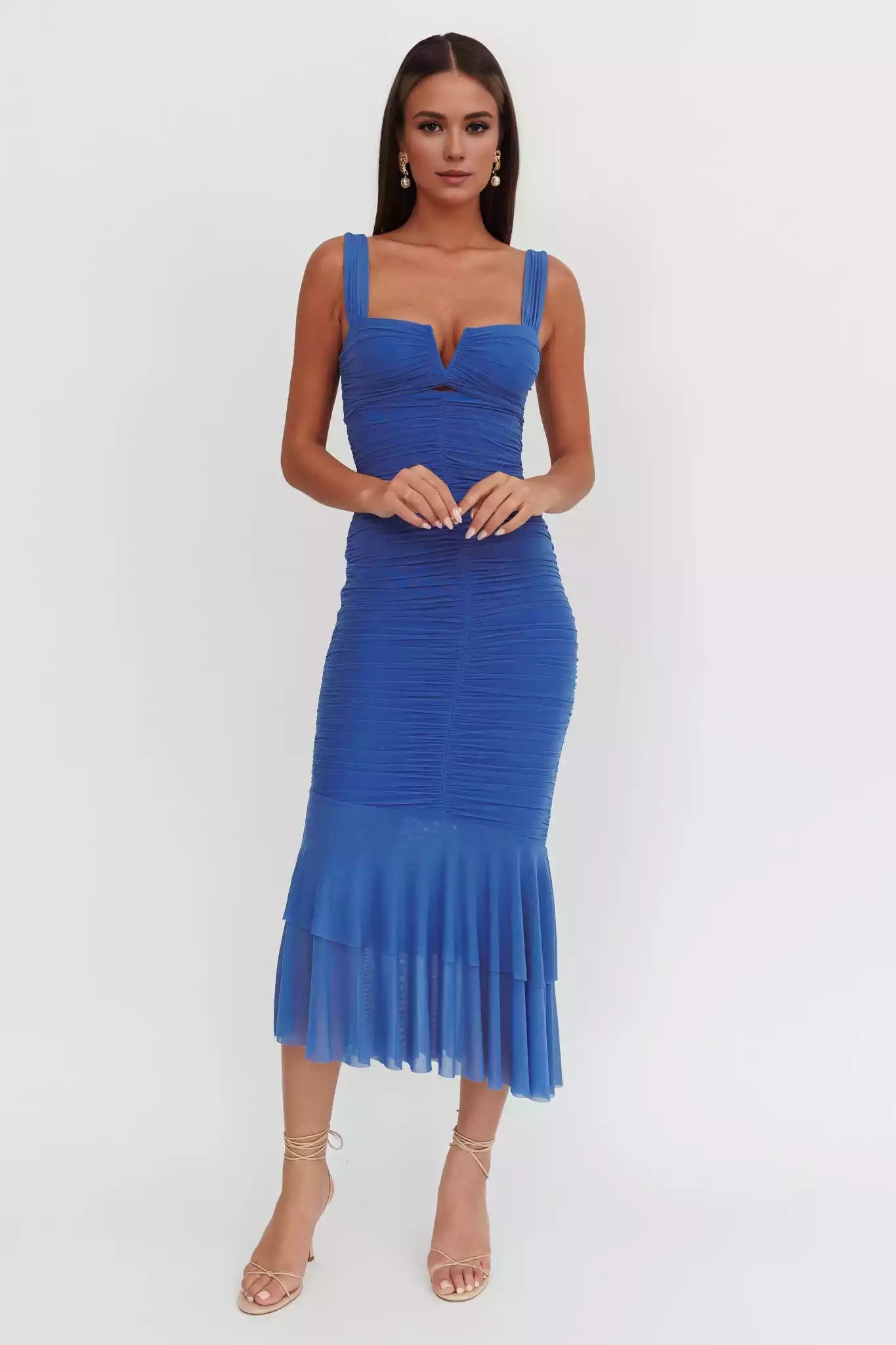 Stunning mermaid pleated lining with mesh fabric, fish tail style with zipper at the back Prom Dresses