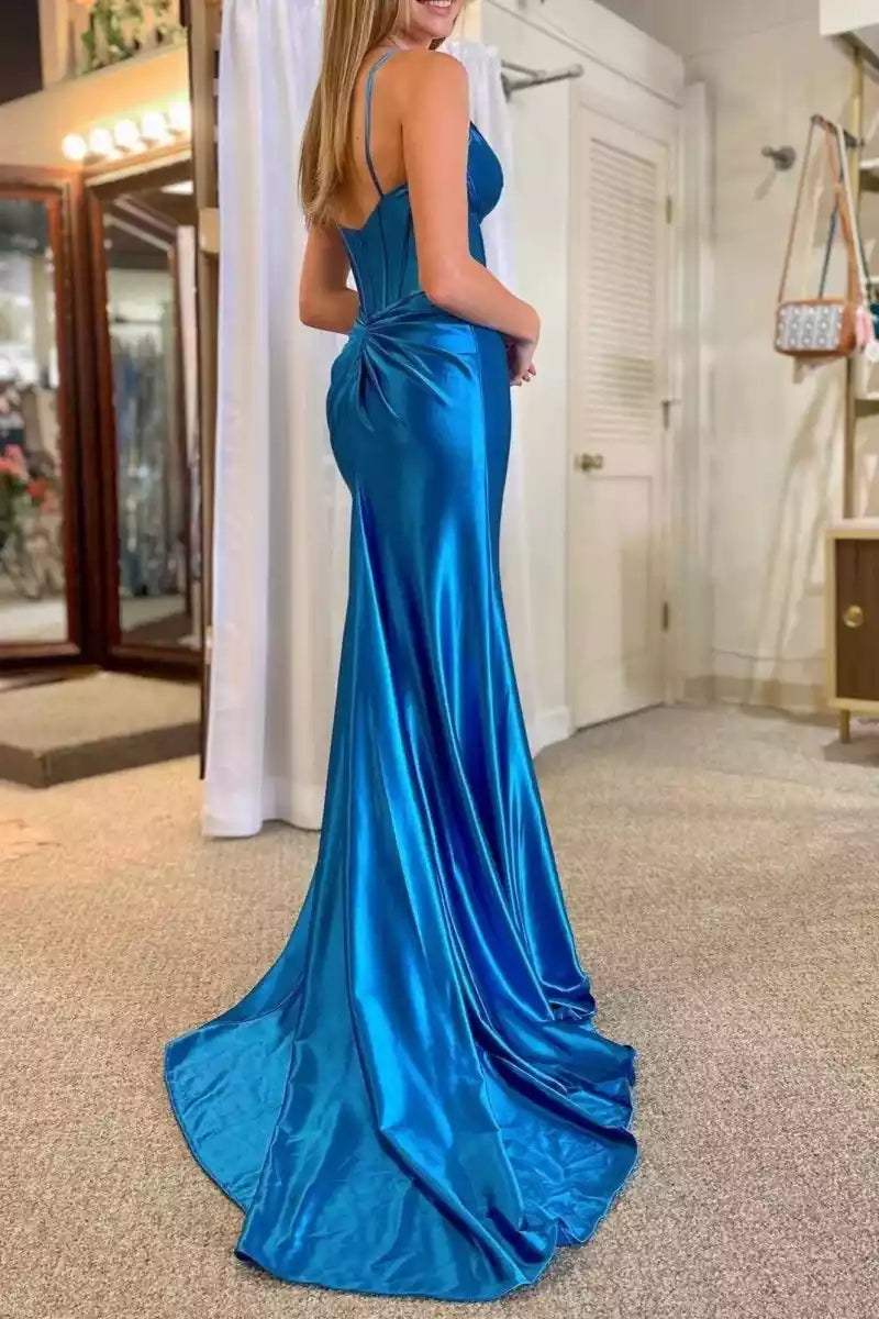 Stunning mermaid satin thin shoulder straps and V-neck sleeveless corset, pleated, slit zipper back Prom Dresses