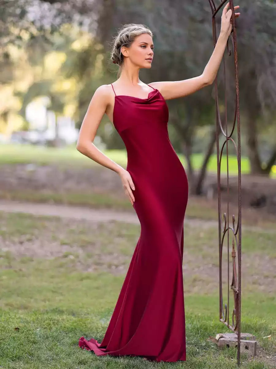 Stunning mermaid satin thin shoulder straps and scarf neckline sleeveless cross backless zipper back Prom Dresses