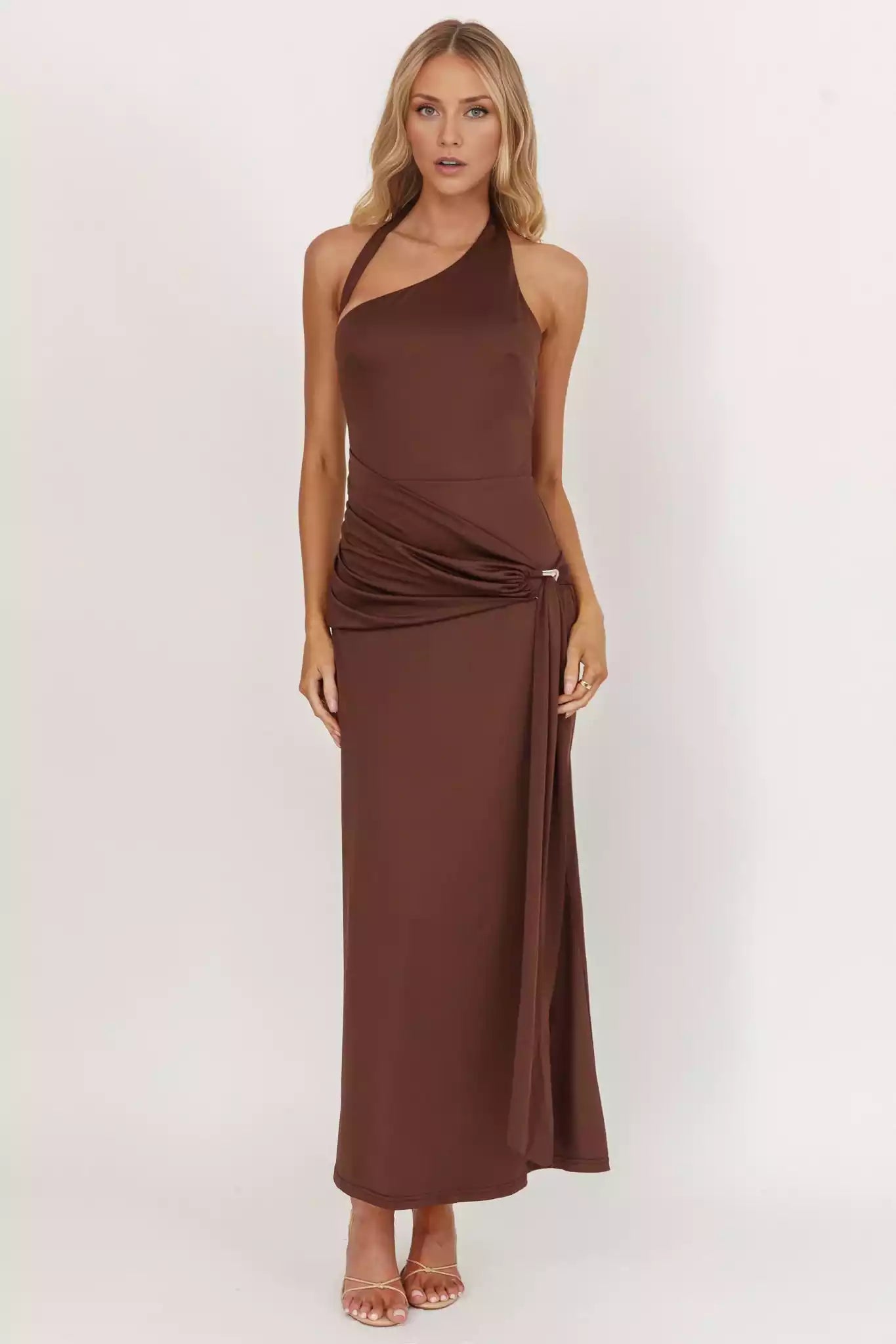 Stunning mid length lining with asymmetrical neckline, waist tie, back with zipper Prom Dresses