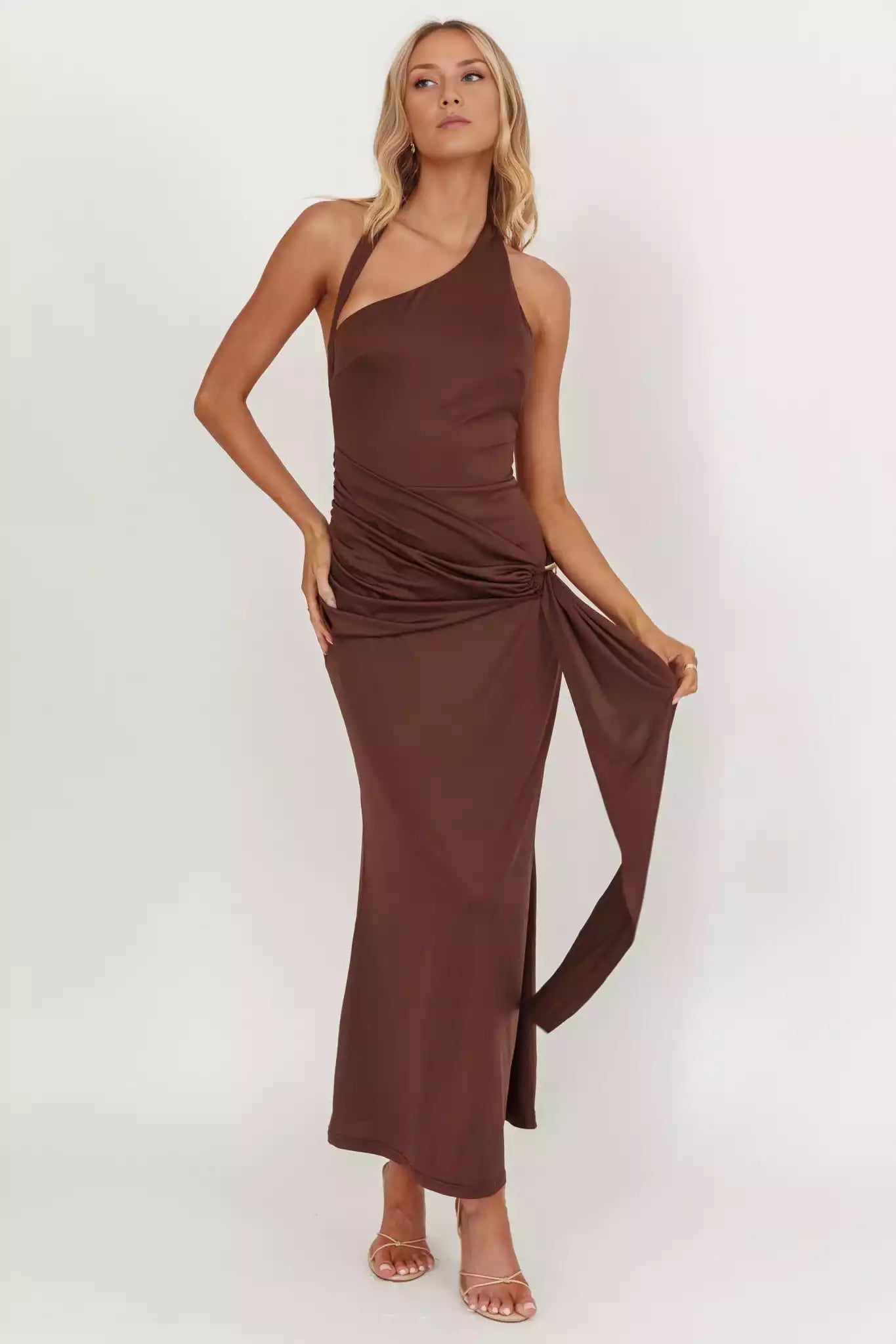 Stunning mid length lining with asymmetrical neckline, waist tie, back with zipper Prom Dresses
