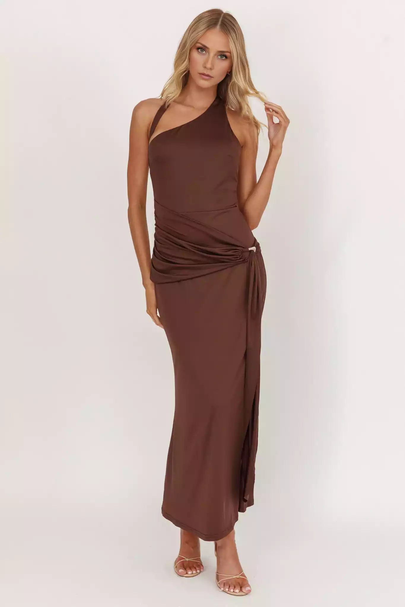 Stunning mid length lining with asymmetrical neckline, waist tie, back with zipper Prom Dresses