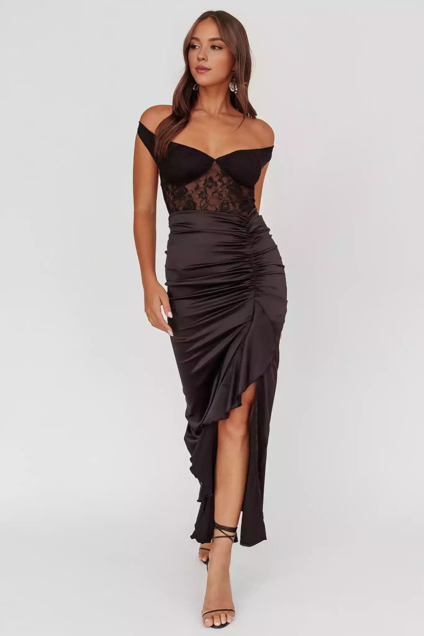 Stunning mid length satin lace corset with lined chest, thigh splits, ruffled edges, and zippered back Prom Dresses
