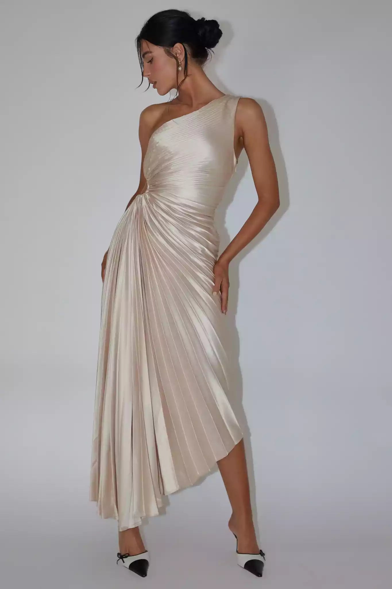 Stunning mid length single shoulder accordion pleated waist cut with elastic band and hidden side zipper Prom Dresses