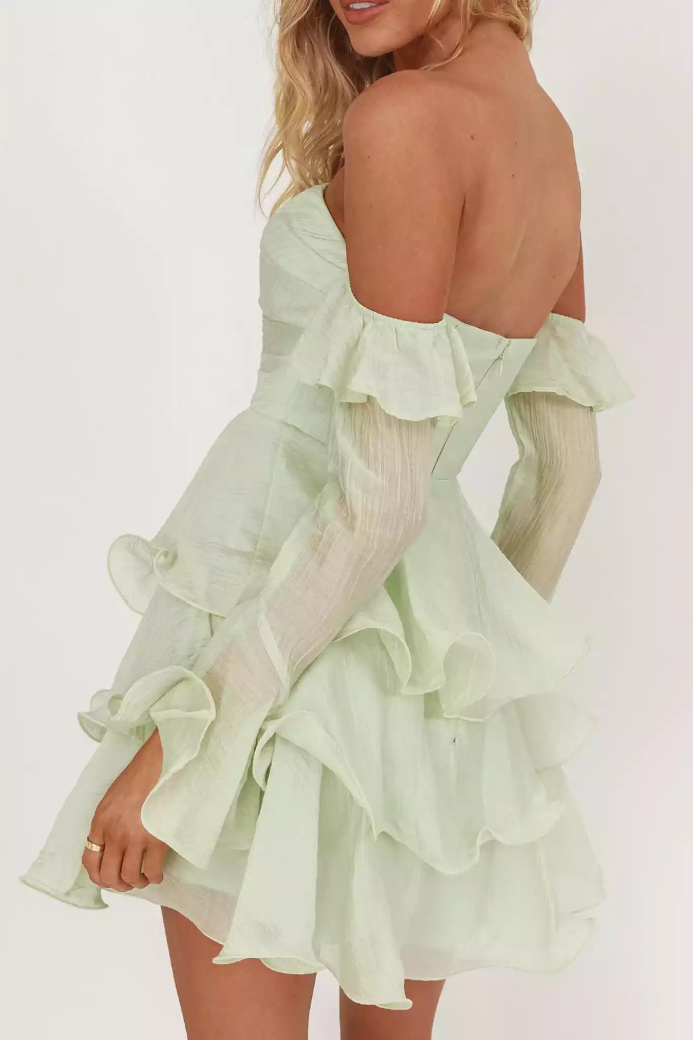 Stunning mini lining off shoulder long sleeves with layered ruffled edges and zippered back Homecoming Dresses