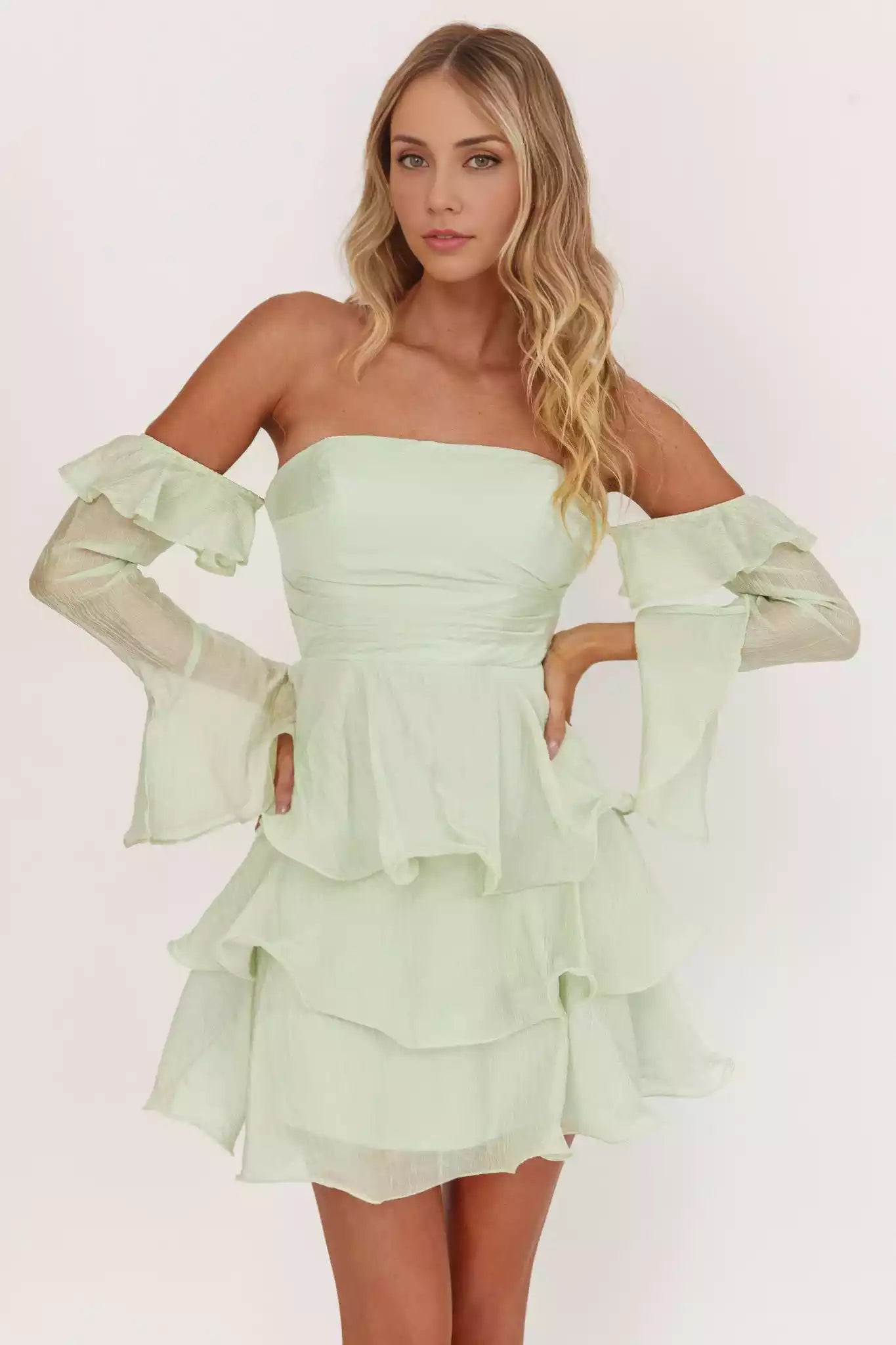 Stunning mini lining off shoulder long sleeves with layered ruffled edges and zippered back Homecoming Dresses