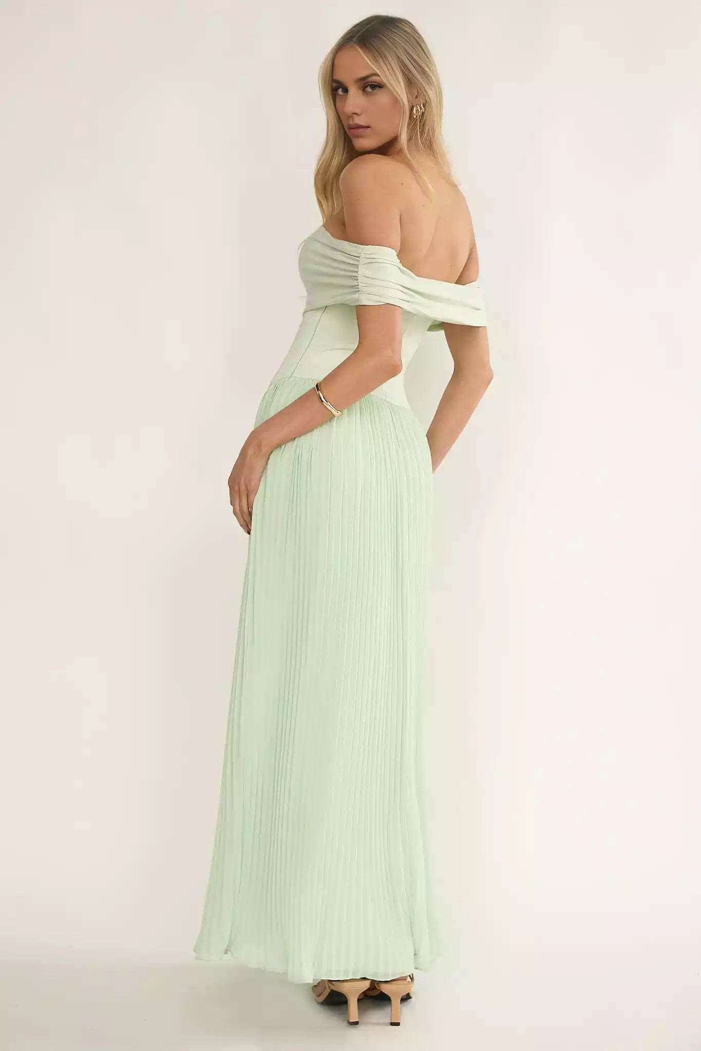 Stunning off shoulder accordion pleat details with zipper lining on the side Prom Dresses