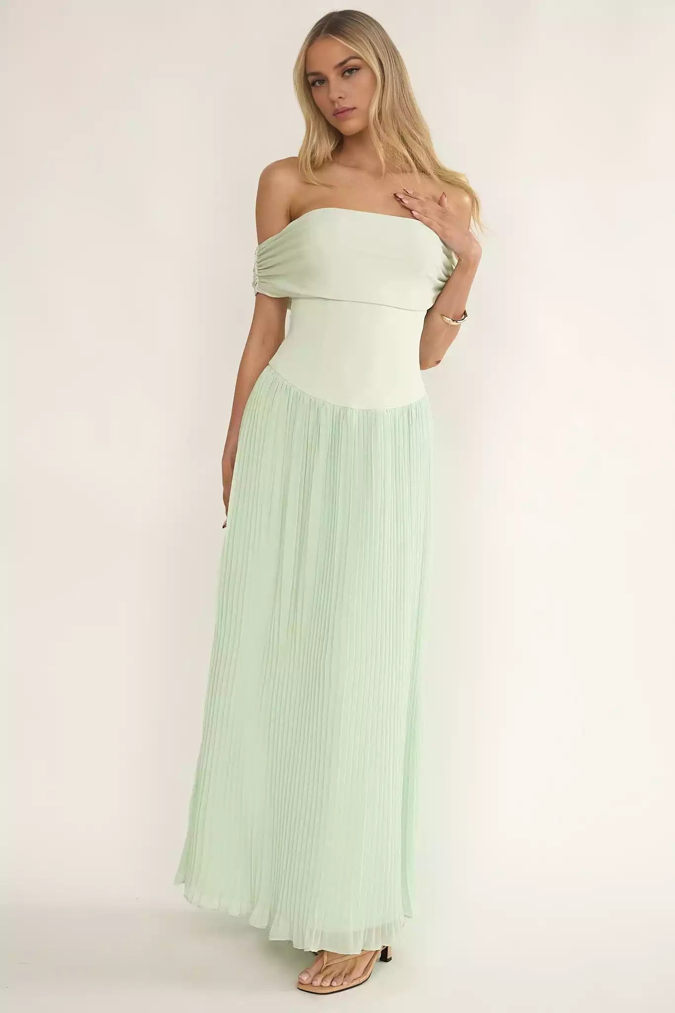 Stunning off shoulder accordion pleat details with zipper lining on the side Prom Dresses