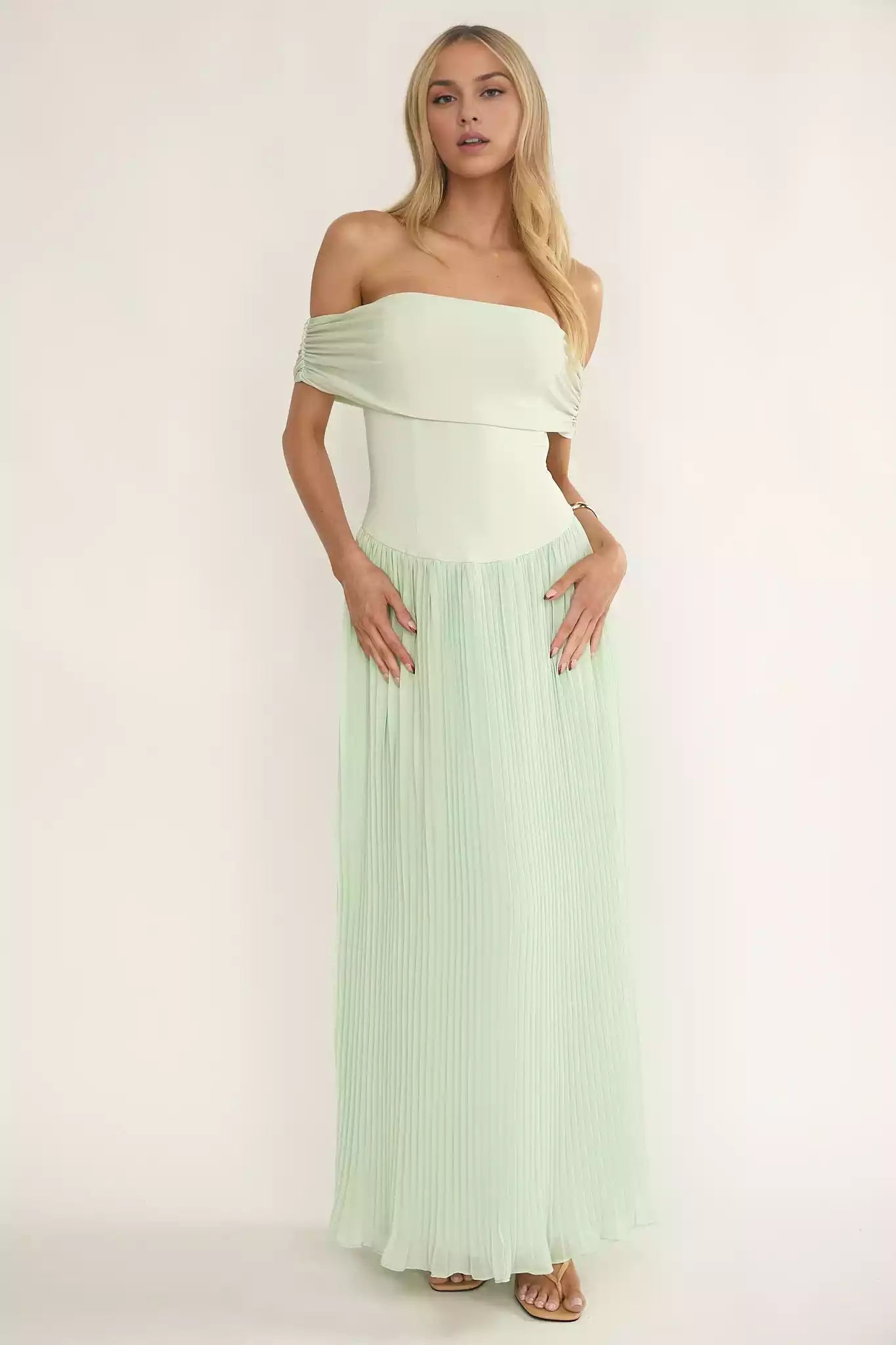 Stunning off shoulder accordion pleat details with zipper lining on the side Prom Dresses