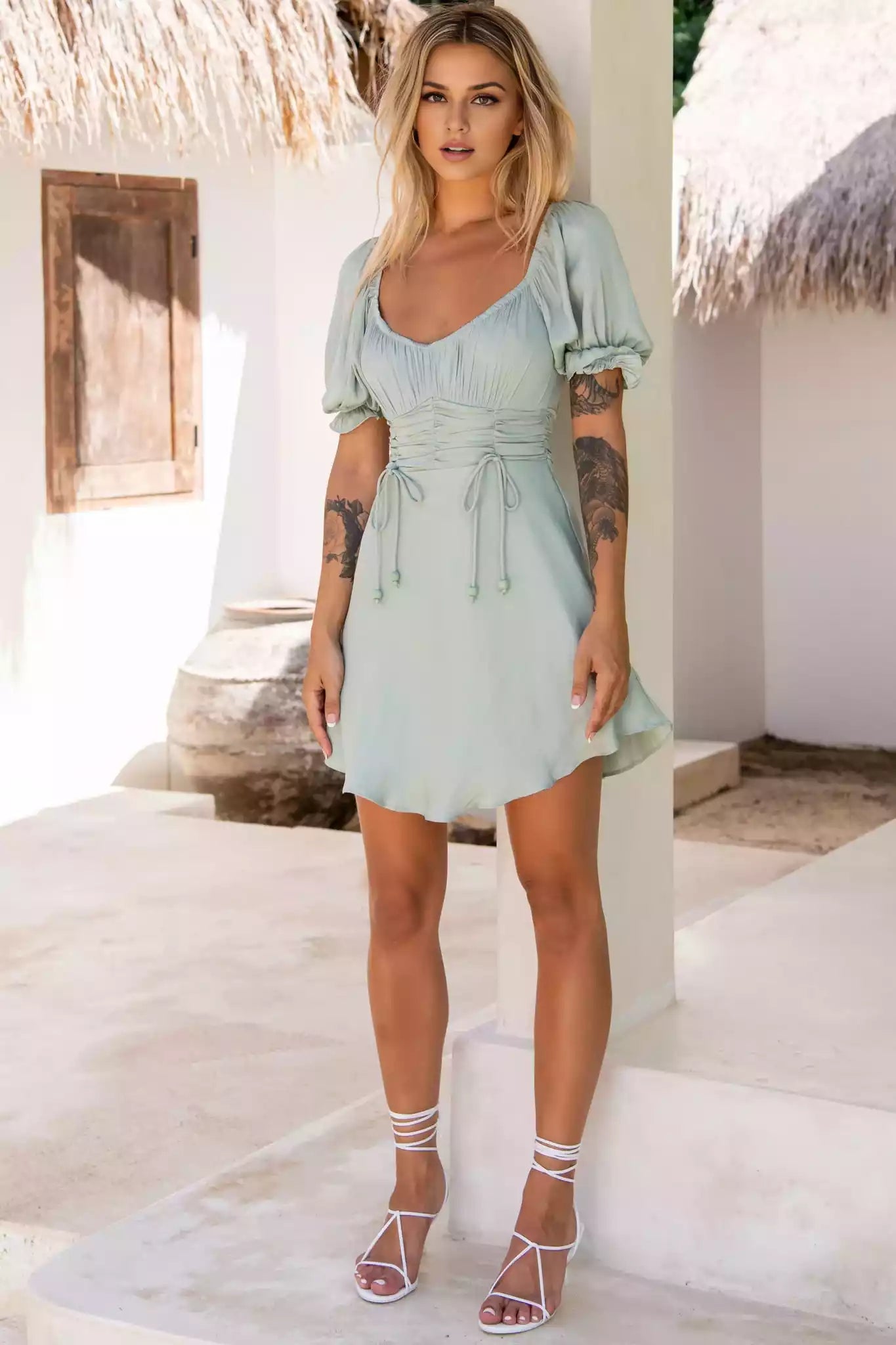 Stunning off shoulder bubble sleeves with pleats and bow details, elastic neckline with buttons and zippers on the back, Homecoming Dresses