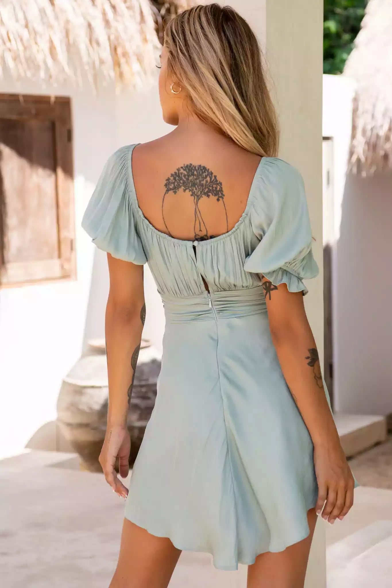 Stunning off shoulder bubble sleeves with pleats and bow details, elastic neckline with buttons and zippers on the back, Homecoming Dresses