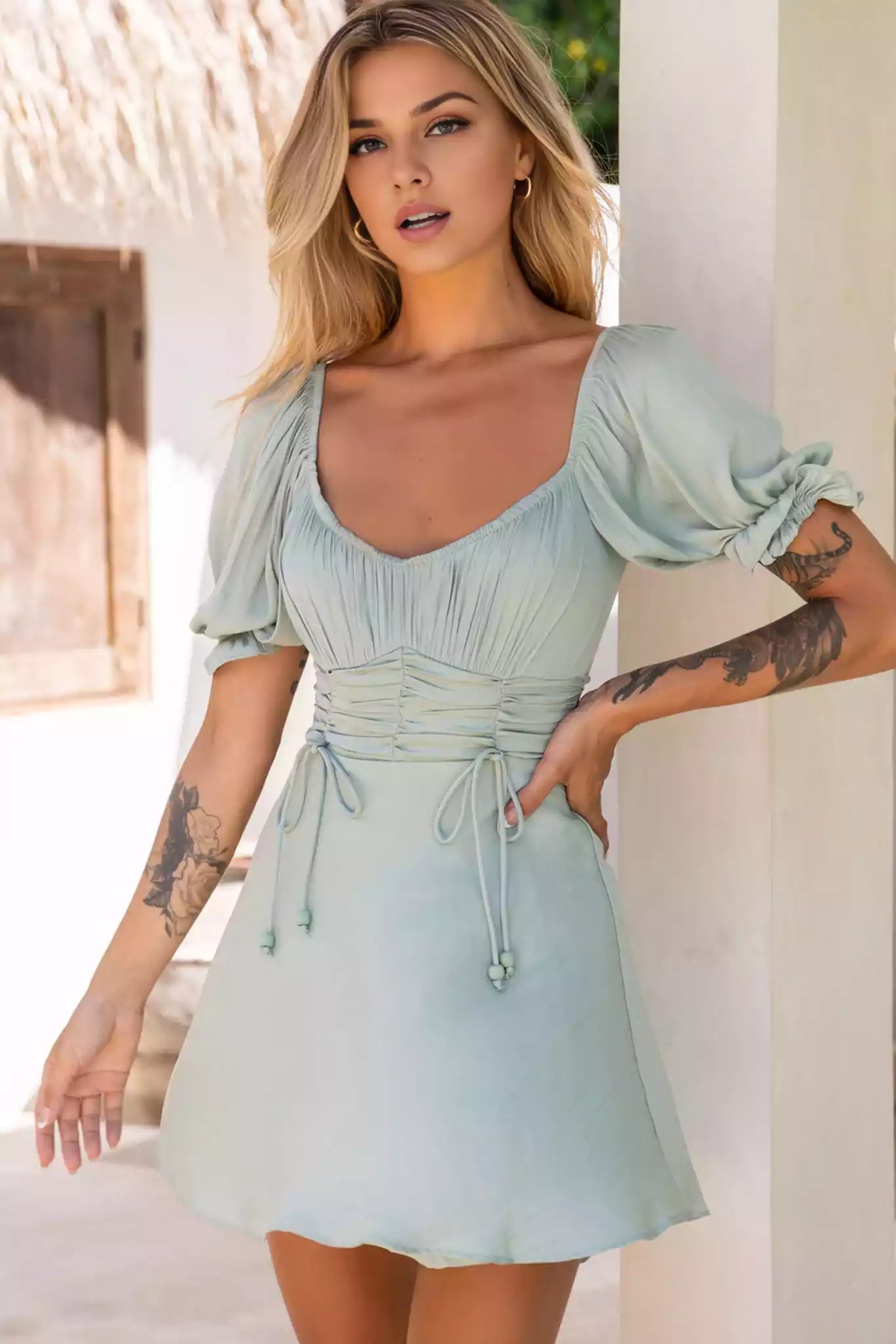 Stunning off shoulder bubble sleeves with pleats and bow details, elastic neckline with buttons and zippers on the back, Homecoming Dresses