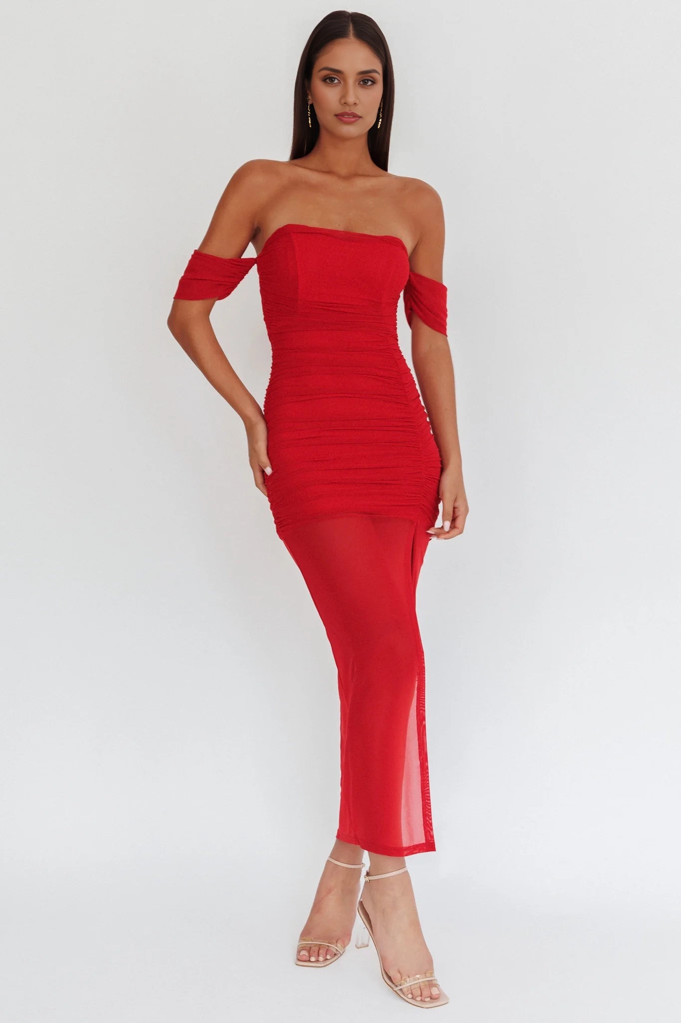 Stunning off shoulder mesh covering tight corset pleat details with front slit Homecoming Dresses