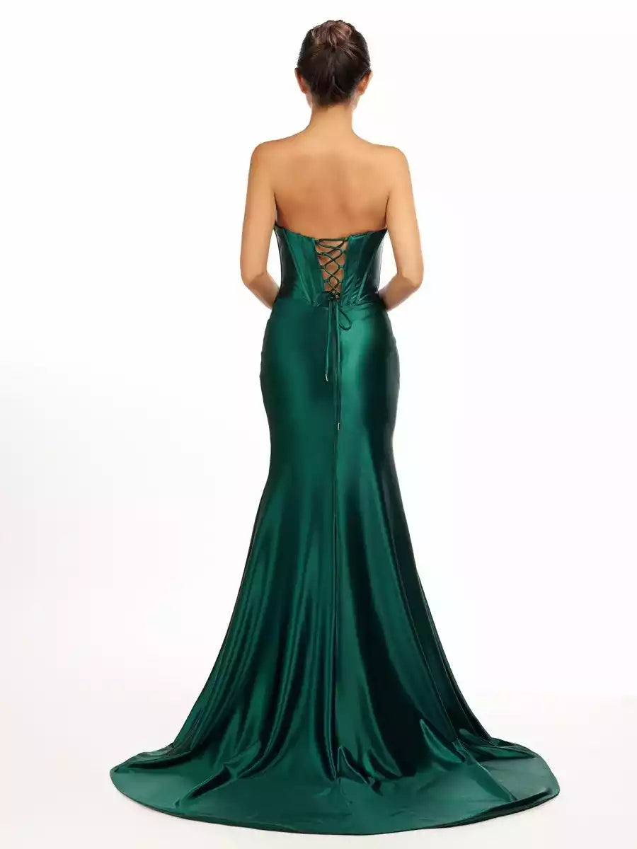 Stunning off shoulder slim fit satin long slit with tight silhouette lace up back Prom Dresses