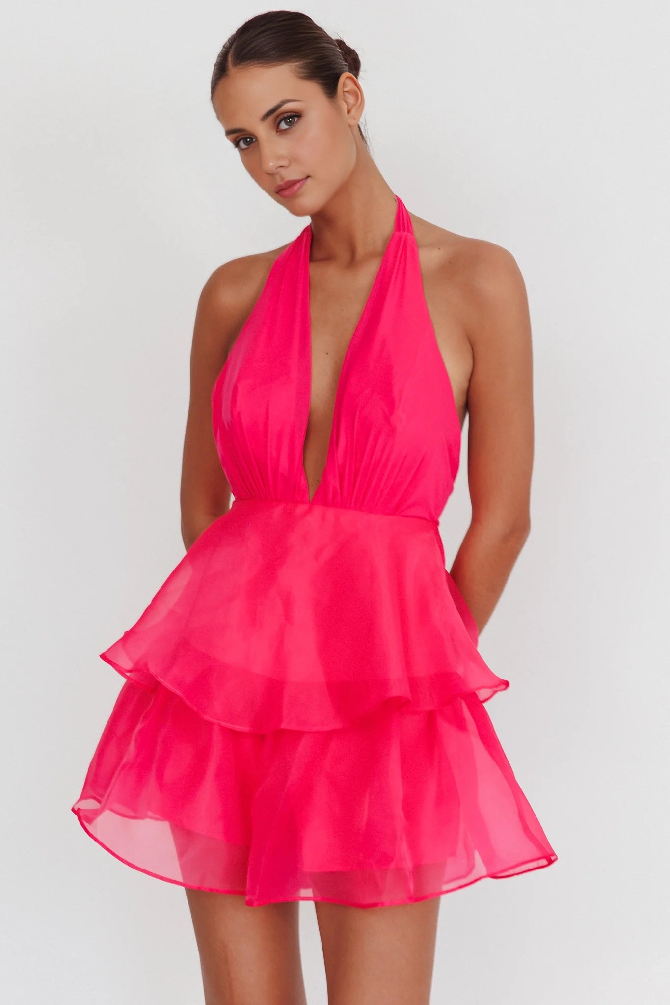 Stunning organza layered ruffle edge neck hanging Homecoming Dresses