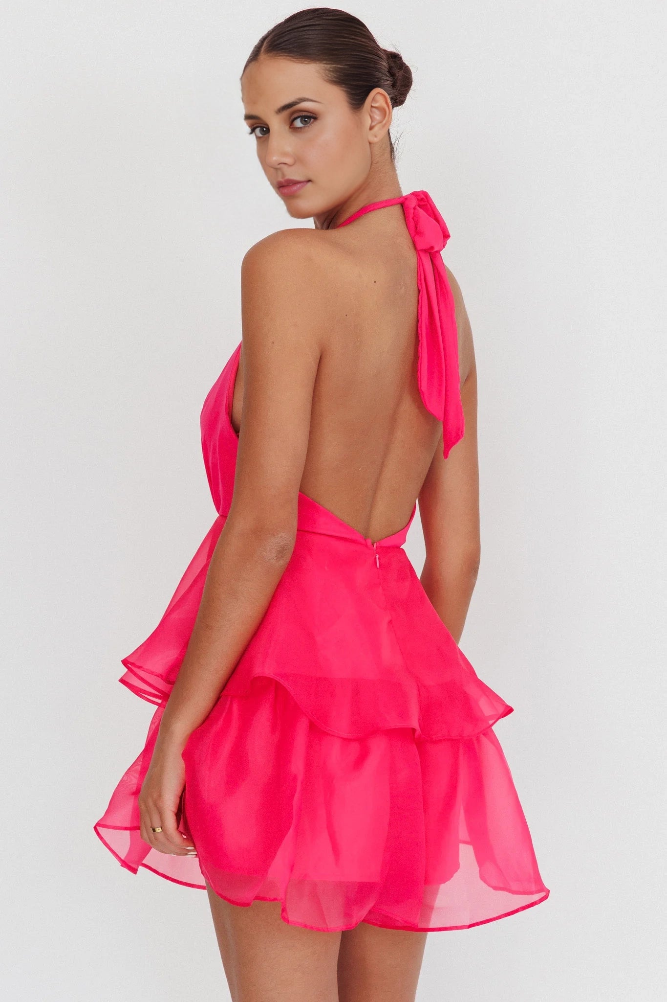 Stunning organza layered ruffle edge neck hanging Homecoming Dresses