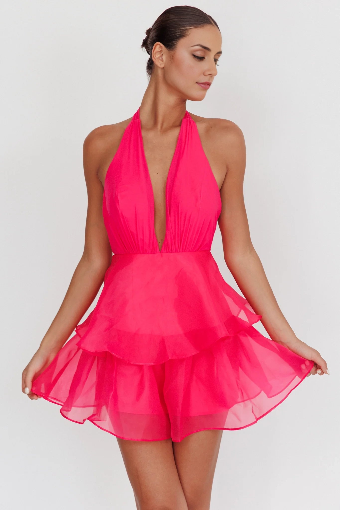 Stunning organza layered ruffle edge neck hanging Homecoming Dresses