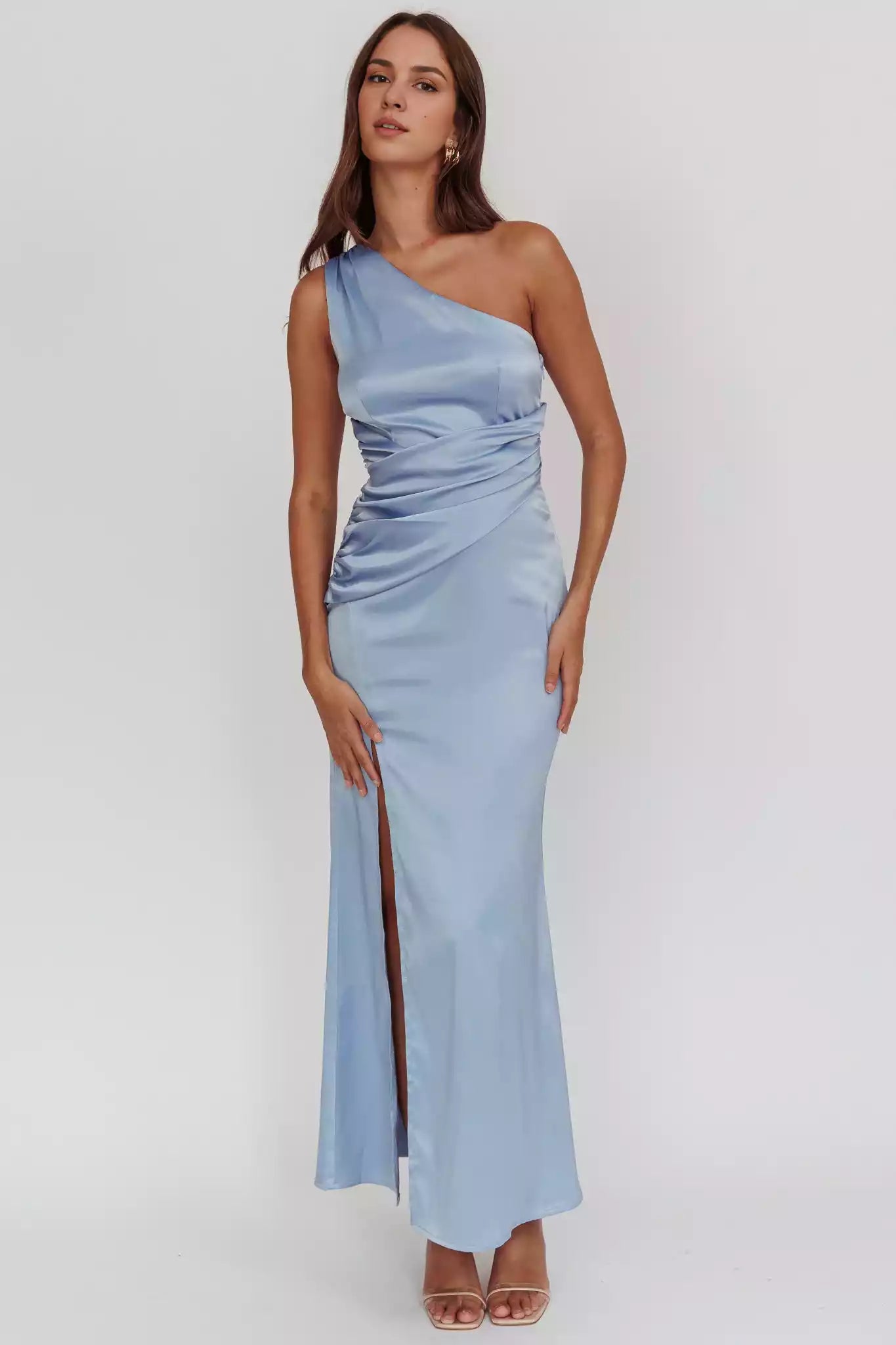 Stunning satin extra long asymmetrical collar, waist pleat details, side leg slits, invisible side zipper Prom Dresses