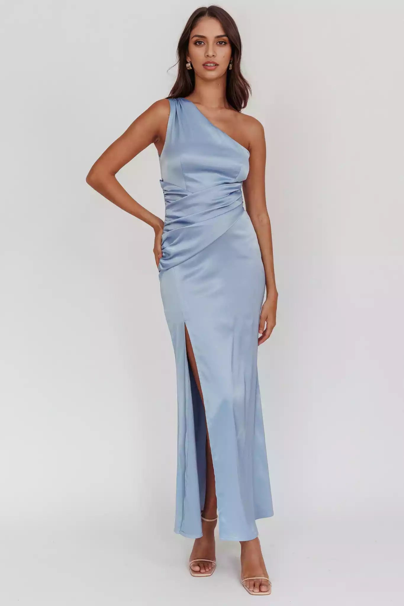 Stunning satin extra long asymmetrical neckline with pleated details, side leg slits, invisible side zipper Prom Dresses