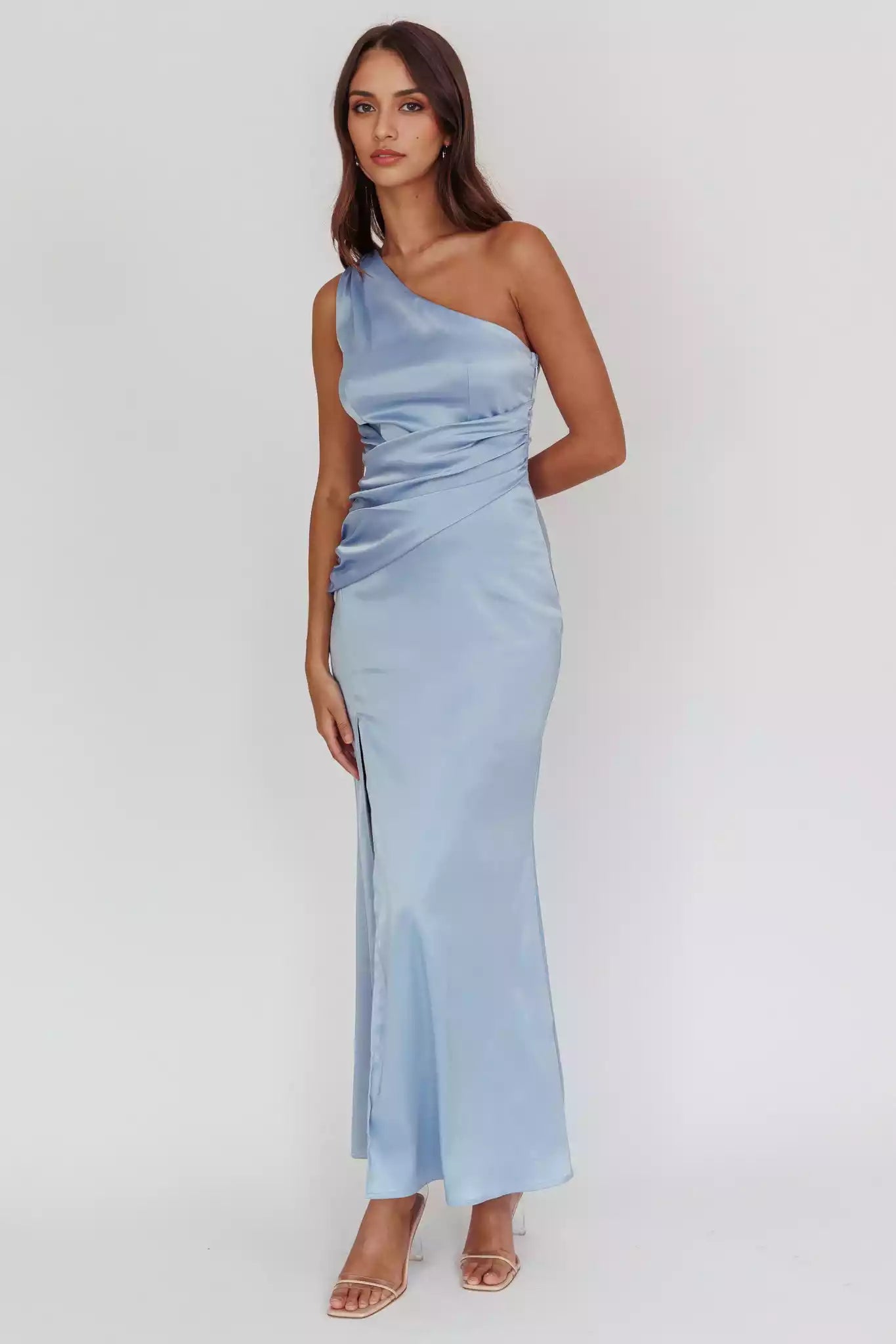 Stunning satin extra long asymmetrical neckline with pleated details, side leg slits, invisible side zipper Prom Dresses