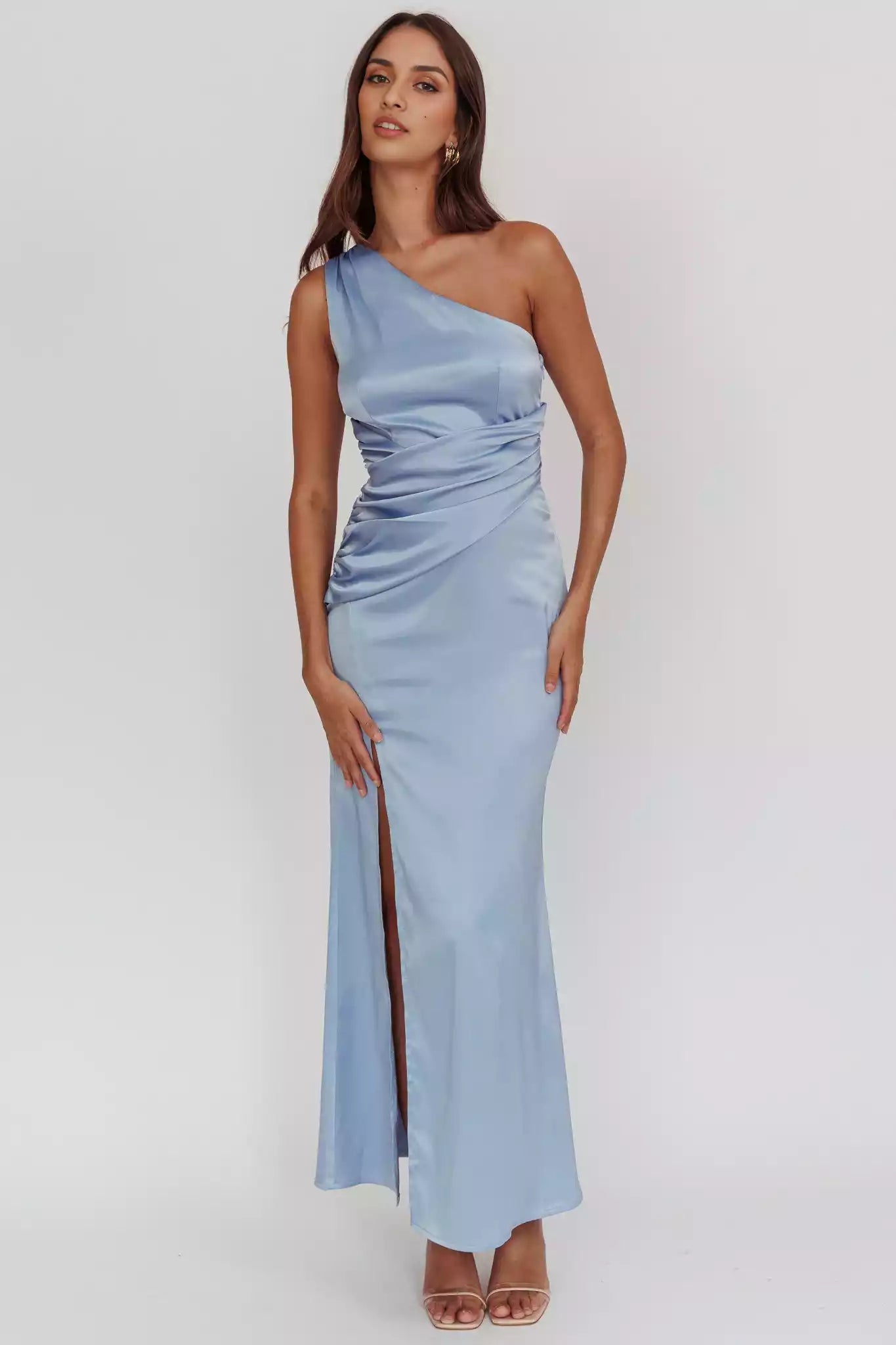 Stunning satin extra long asymmetrical neckline with pleated details, side leg slits, invisible side zipper Prom Dresses