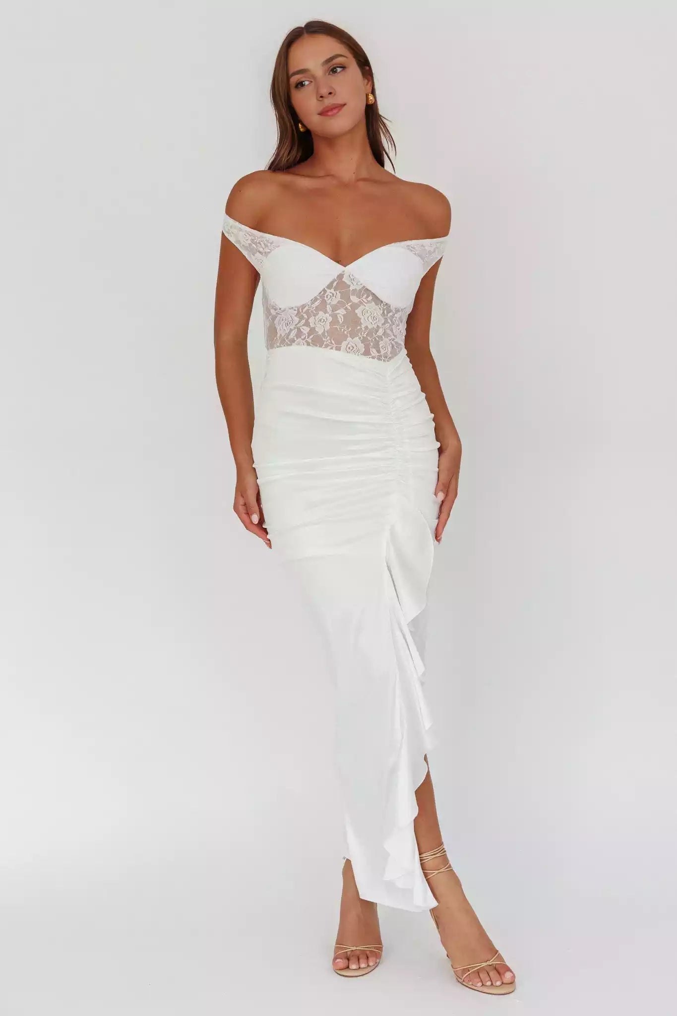 Stunning satin lace corset with lining, thigh splits, ruffled edges, back zipper Prom Dresses