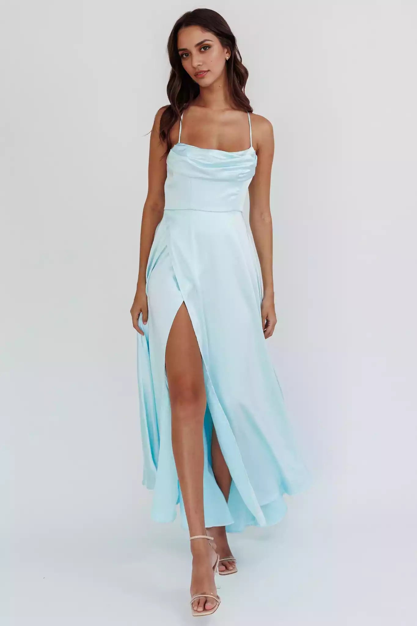 Stunning satin long front high slit, unlined adjustable shoulder straps, hidden zipper on the back Prom Dresses