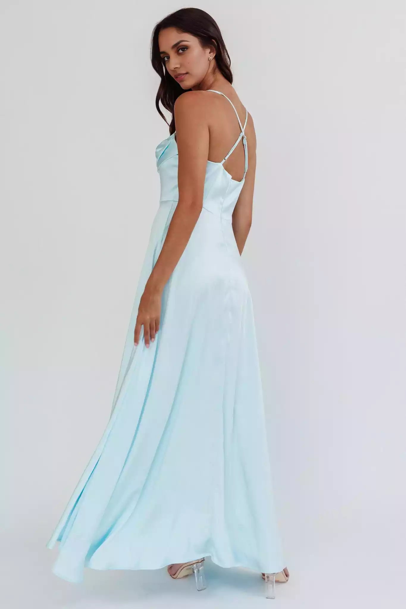 Stunning satin long front high slit, unlined adjustable shoulder straps, hidden zipper on the back Prom Dresses