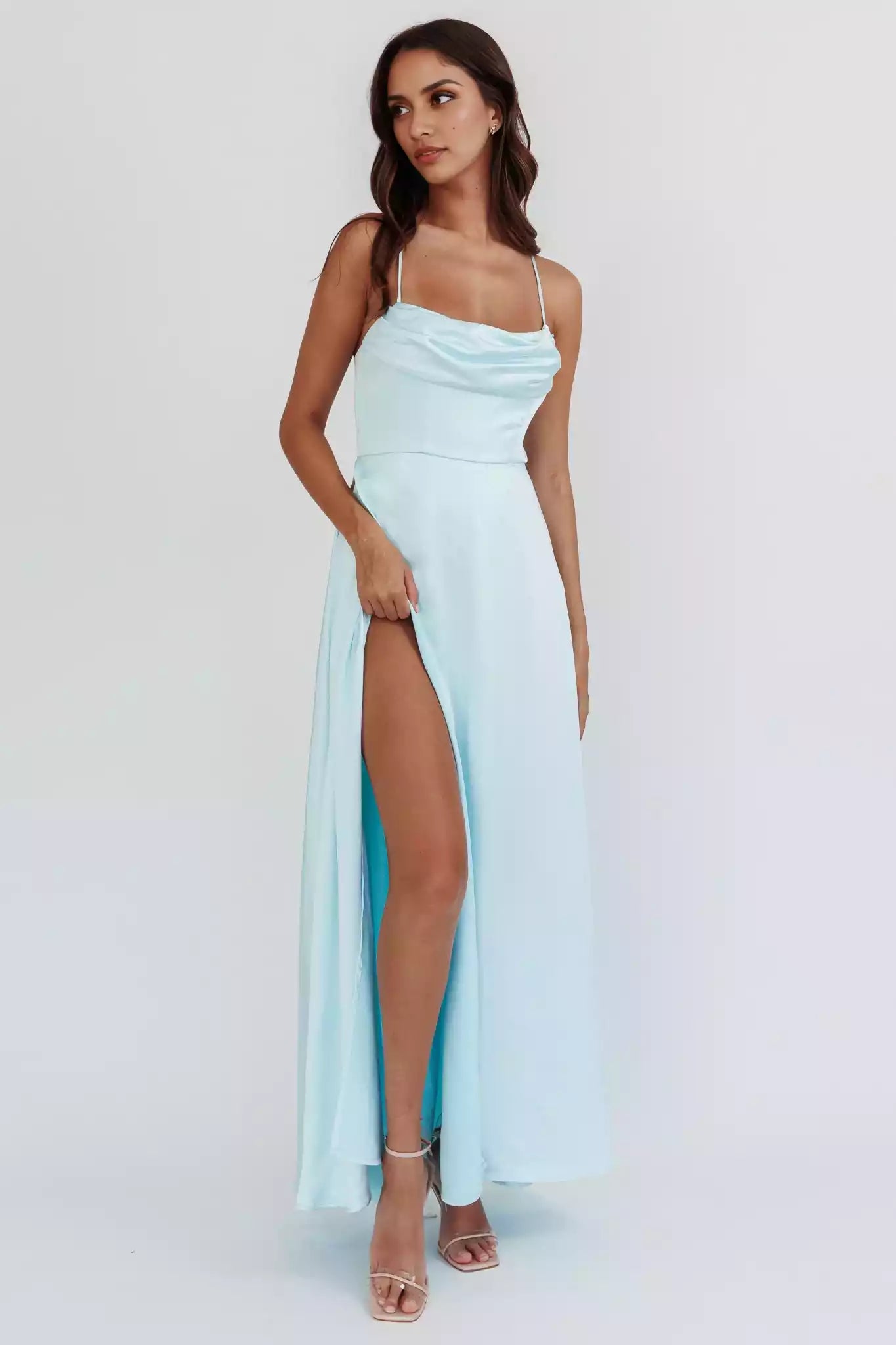 Stunning satin long front high slit, unlined adjustable shoulder straps, hidden zipper on the back Prom Dresses