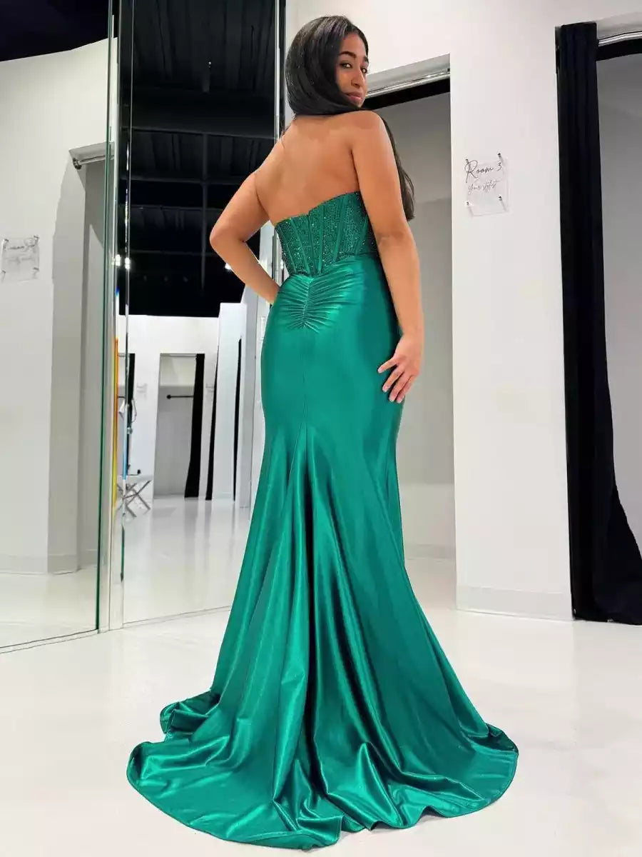 Stunning satin mermaid long tail heart-shaped neckline with sleeveless beading, slit tie back Prom Dresses