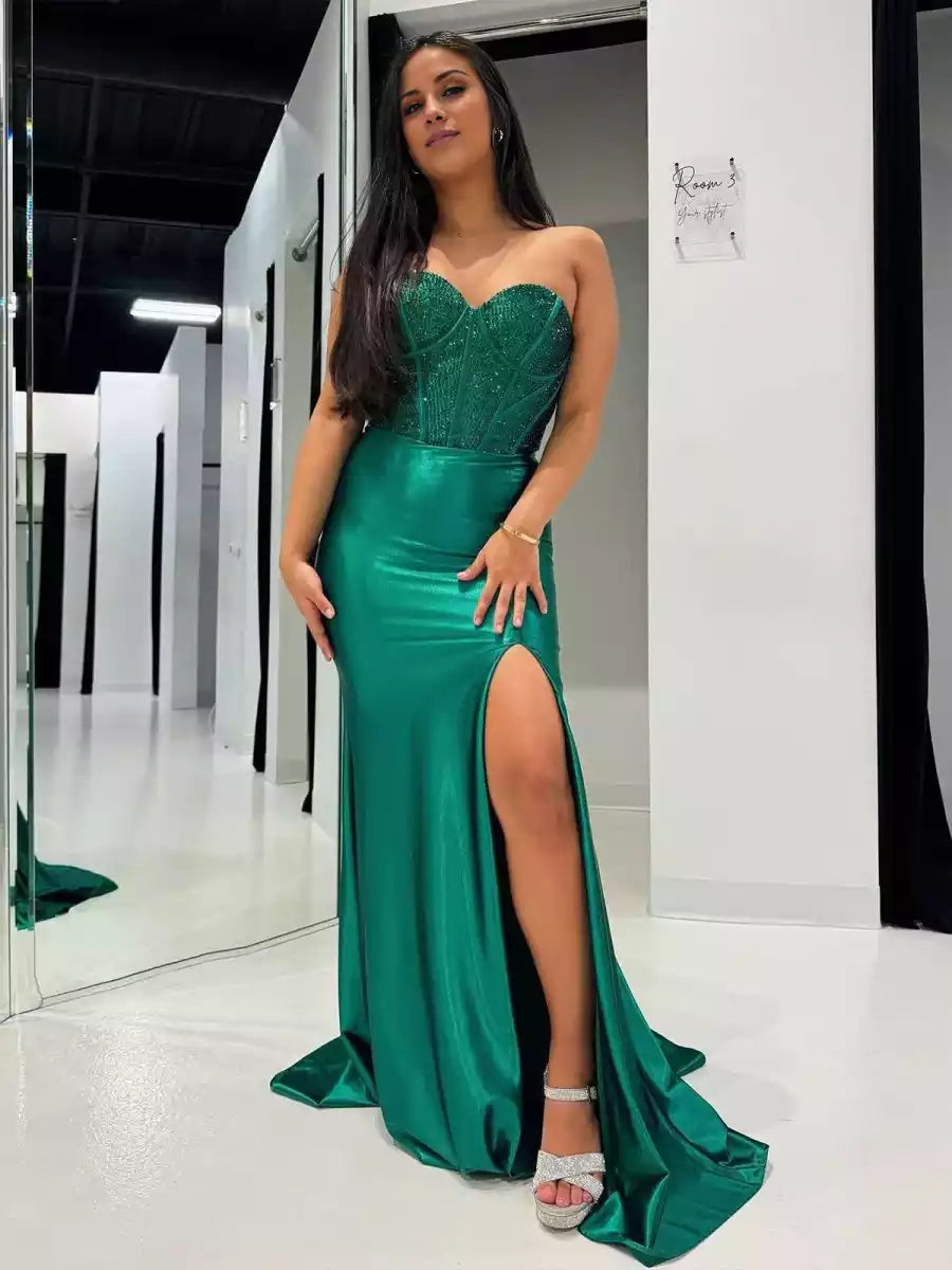 Stunning satin mermaid long tail heart-shaped neckline with sleeveless beading, slit tie back Prom Dresses