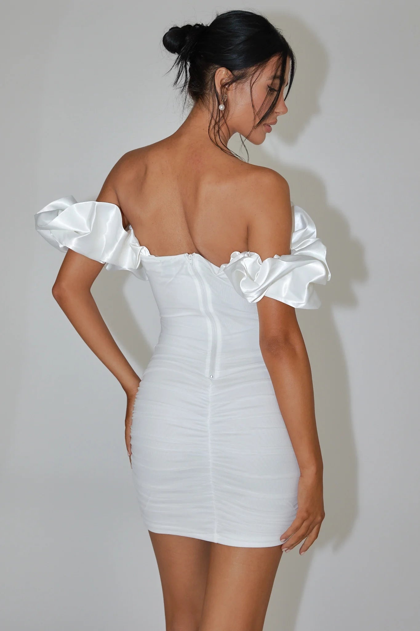Stunning satin mesh mini off shoulder corset with pleated details, back zipper, Homecoming Dresses