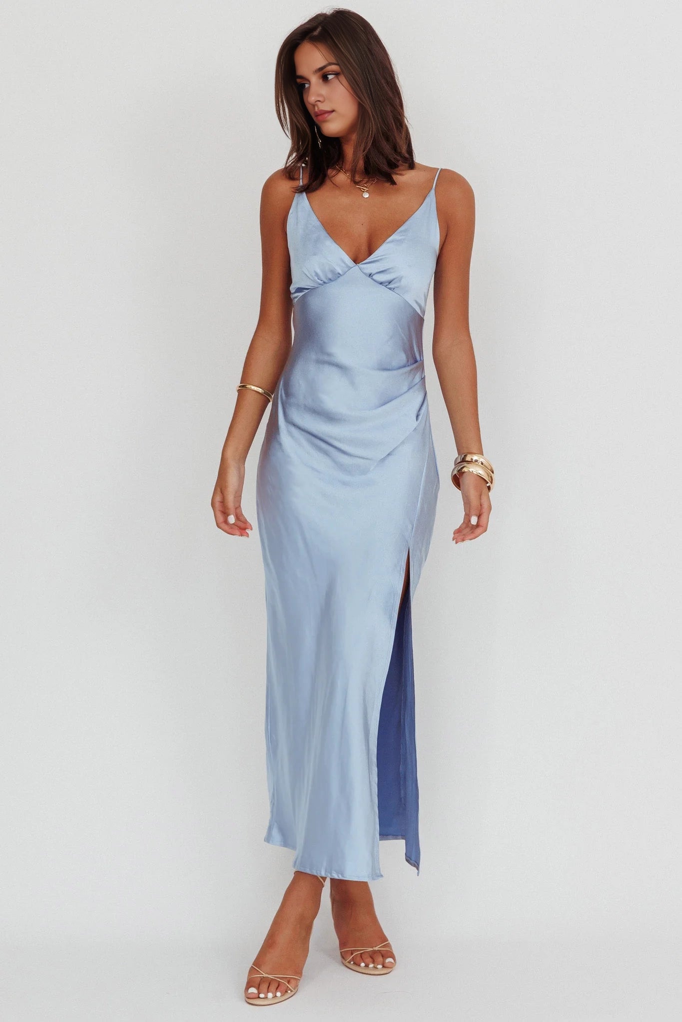 Stunning satin ultra long V-neck leg slits with adjustable thin shoulder straps and hidden side zippers Homecoming Dresses