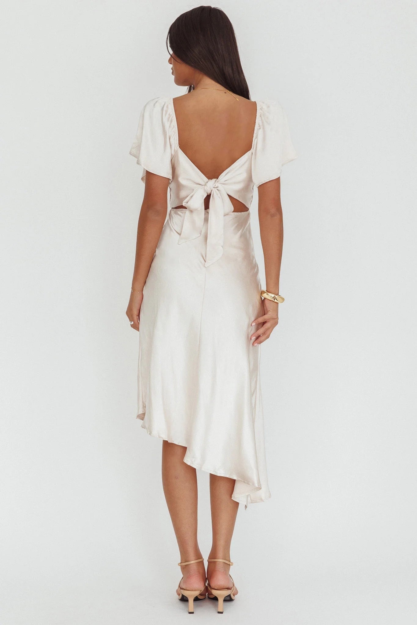 Stunning scarf collar, mid length without lining, asymmetrical hem, back with zipper Homecoming Dresses